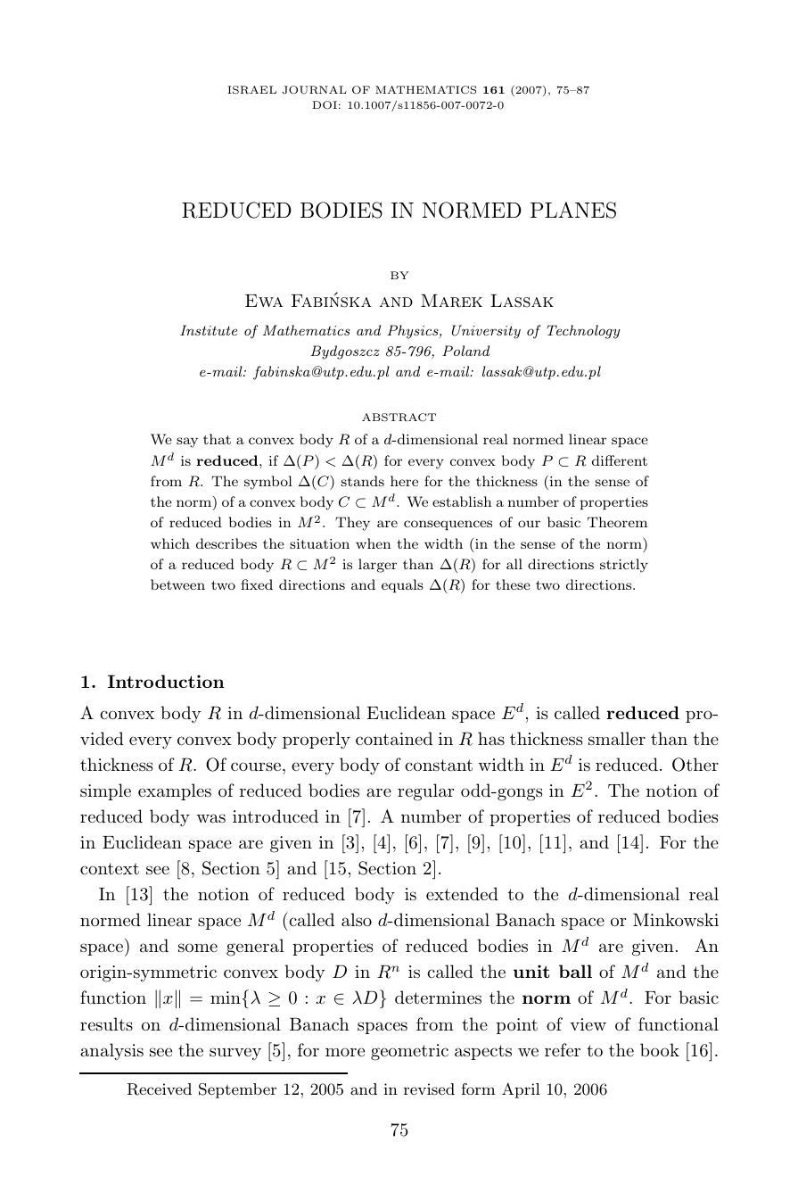 Reduced bodies in normed planes by Unknown
