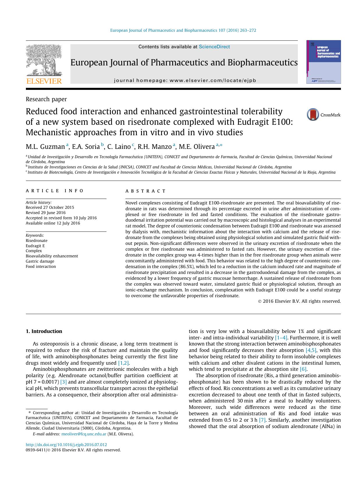 Reduced food interaction and enhanced gastrointestinal tolerability of a new system based on risedronate complexed with Eudragit E100: Mechanistic approaches from in vitro and in vivo studies by M.L. Guzman & E.A. Soria & C. Laino & R.H. Manzo & M.E. Olivera