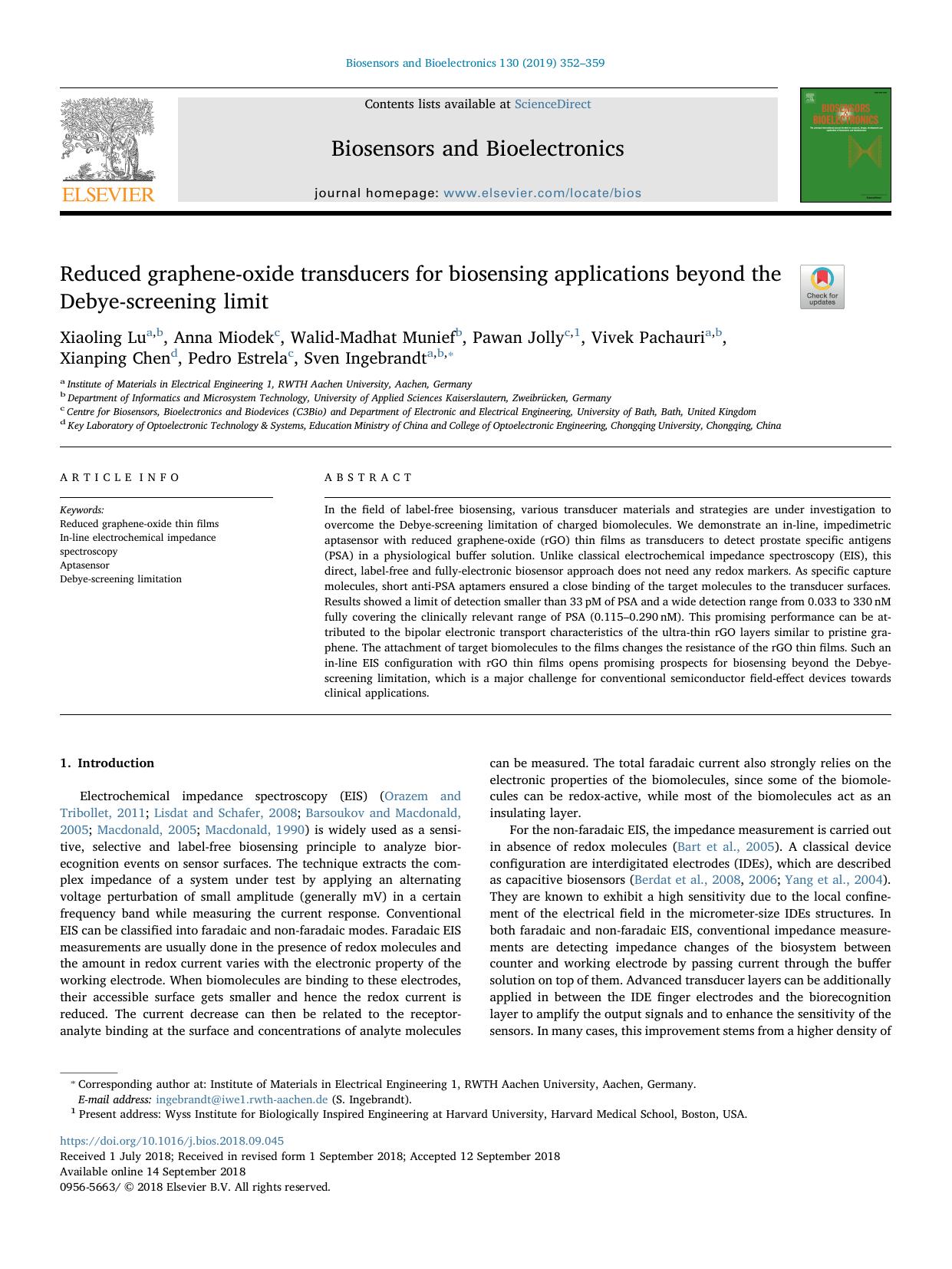 Reduced graphene-oxide transducers for biosensing applications beyond the Debye-screening limit by unknow