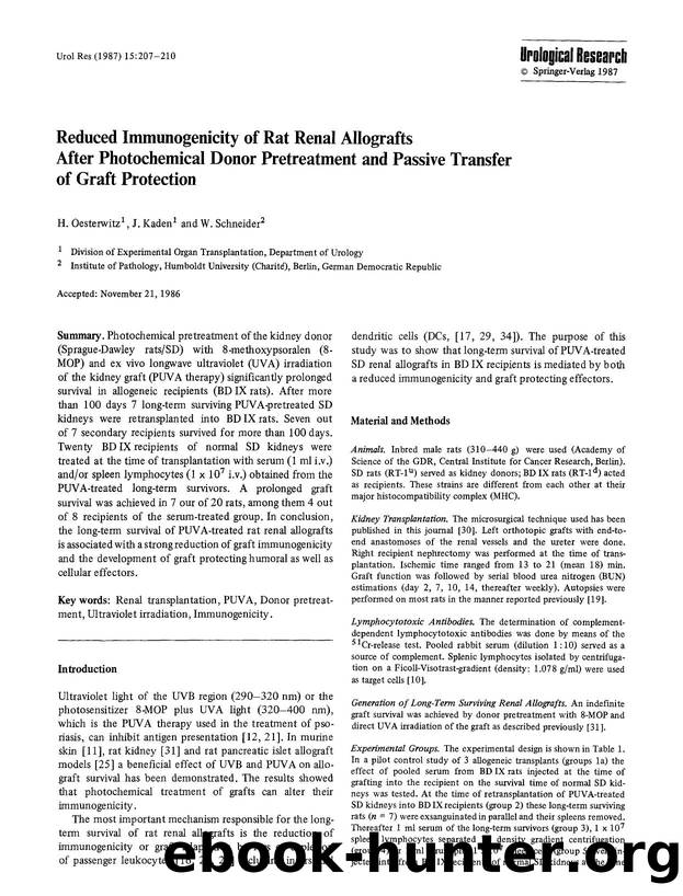 Reduced immunogenicity of rat renal allografts after photochemical donor pretreatment and passive transfer of graft protection by Unknown