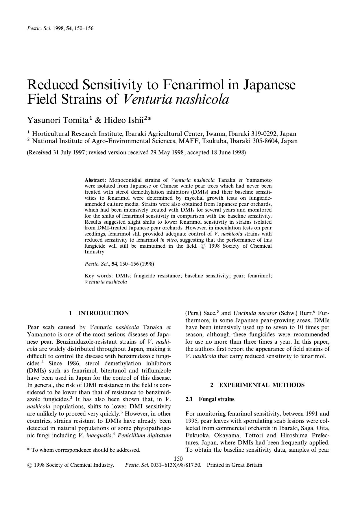 Reduced sensitivity to fenarimol in Japanese field strains of Venturia nashicola by Tomita Ishii