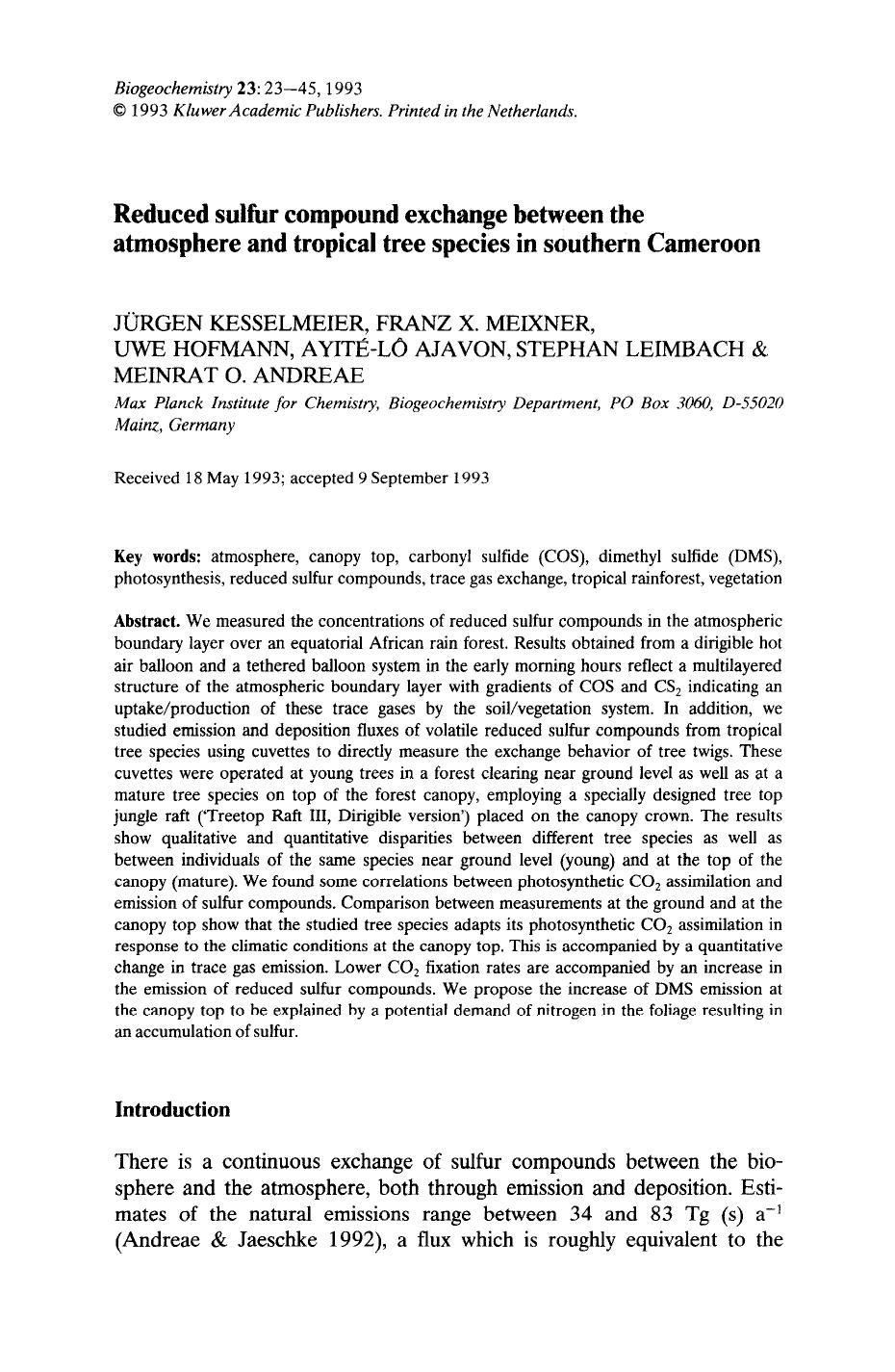 Reduced sulfur compound exchange between the atmosphere and tropical tree species in southern Cameroon by Unknown
