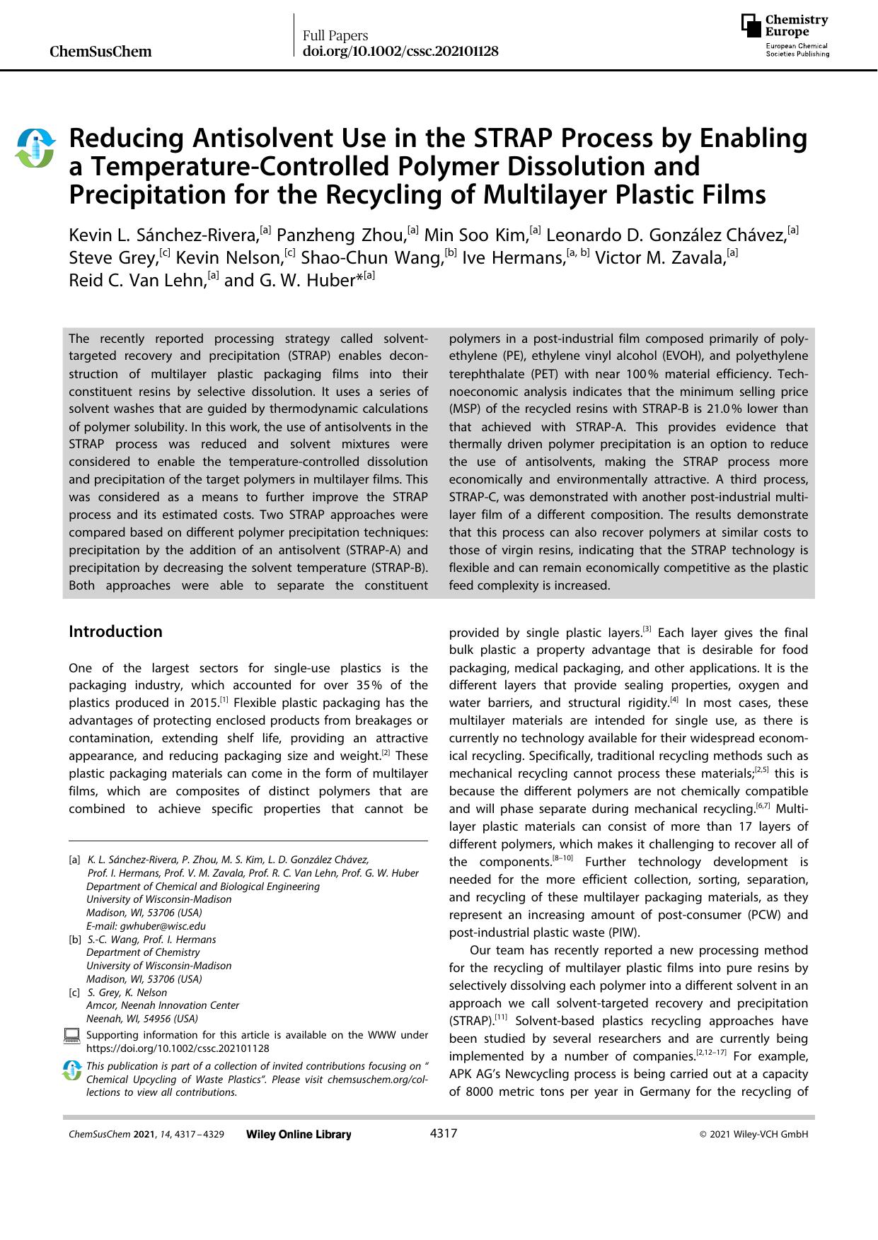 Reducing Antisolvent Use in the STRAP Process by Enabling a TemperatureâControlled Polymer Dissolution and Precipitation for the Recycling of Multilayer Plastic Films by Unknown