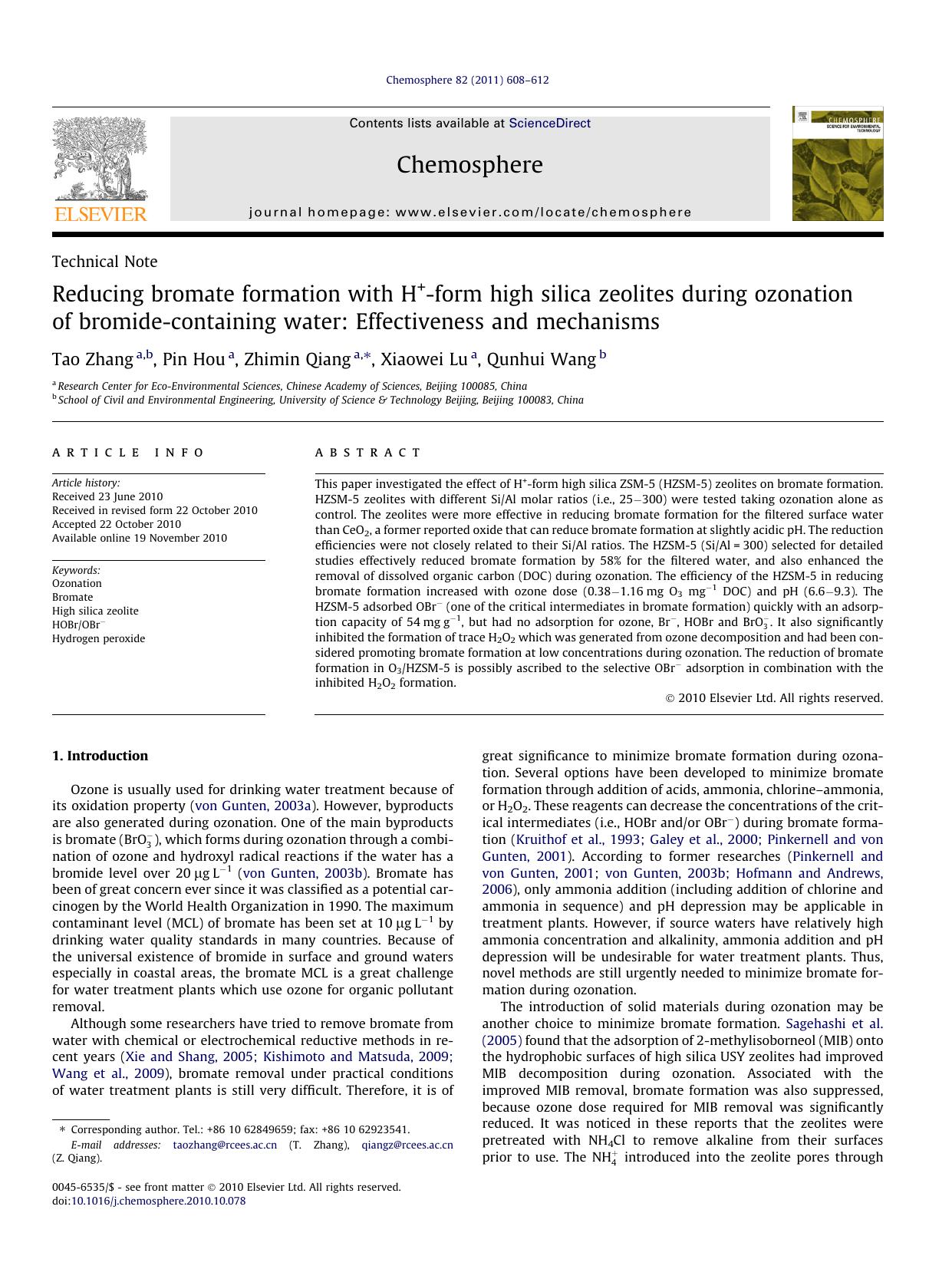 Reducing bromate formation with H+-form high silica zeolites during ozonation of bromide-containing water: Effectiveness and mechanisms by Tao Zhang & Pin Hou & Zhimin Qiang & Xiaowei Lu & Qunhui Wang