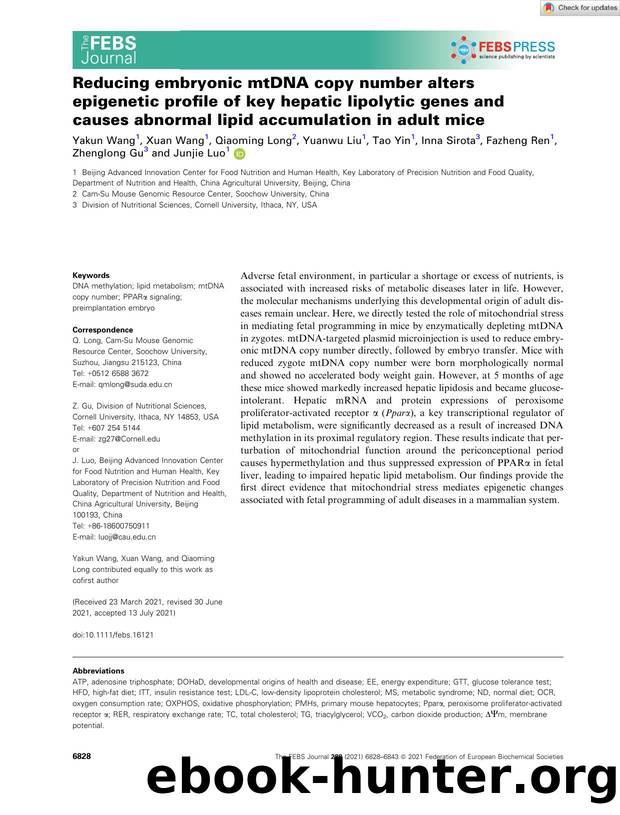 Reducing embryonic mtDNA copy number alters epigenetic profile of key hepatic lipolytic genes and causes abnormal lipid accumulation in adult mice by Unknown