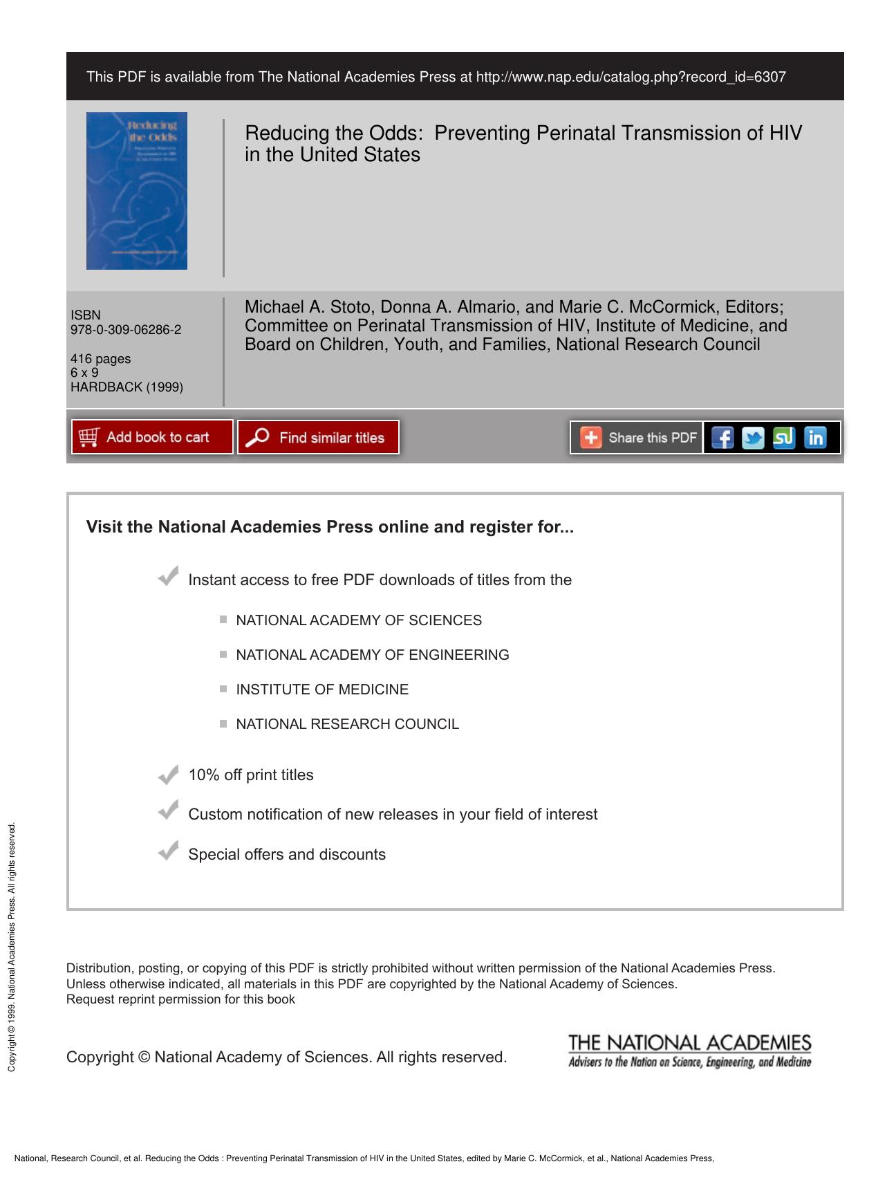 Reducing the Odds : Preventing Perinatal Transmission of HIV in the United States by unknow