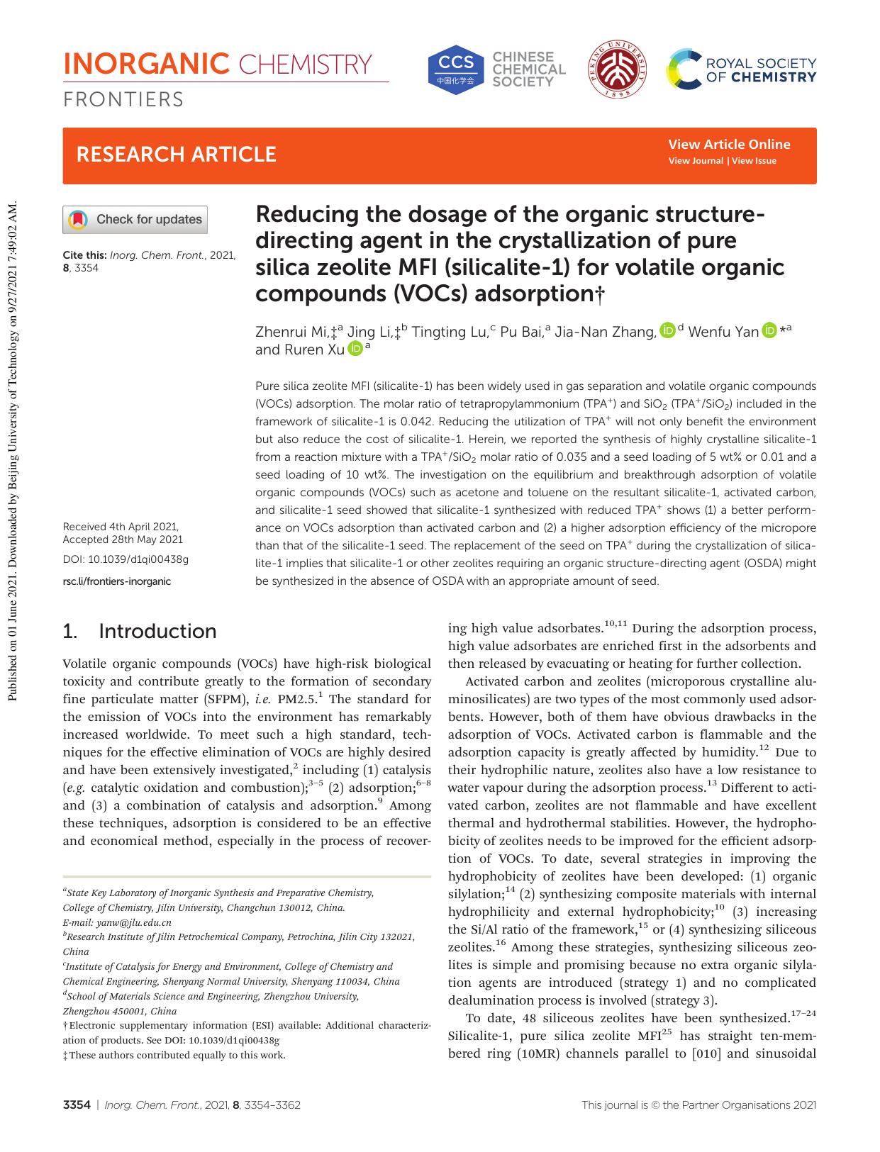Reducing the dosage of the organic structure-directing agent in the crystallization of pure silica zeolite MFI (silicalite-1) for volatile organic compounds (VOCs) adsorption by Zhenrui Mi Jing Li Tingting Lu Pu Bai Jia-Nan Zhang Wenfu Yan Ruren Xu