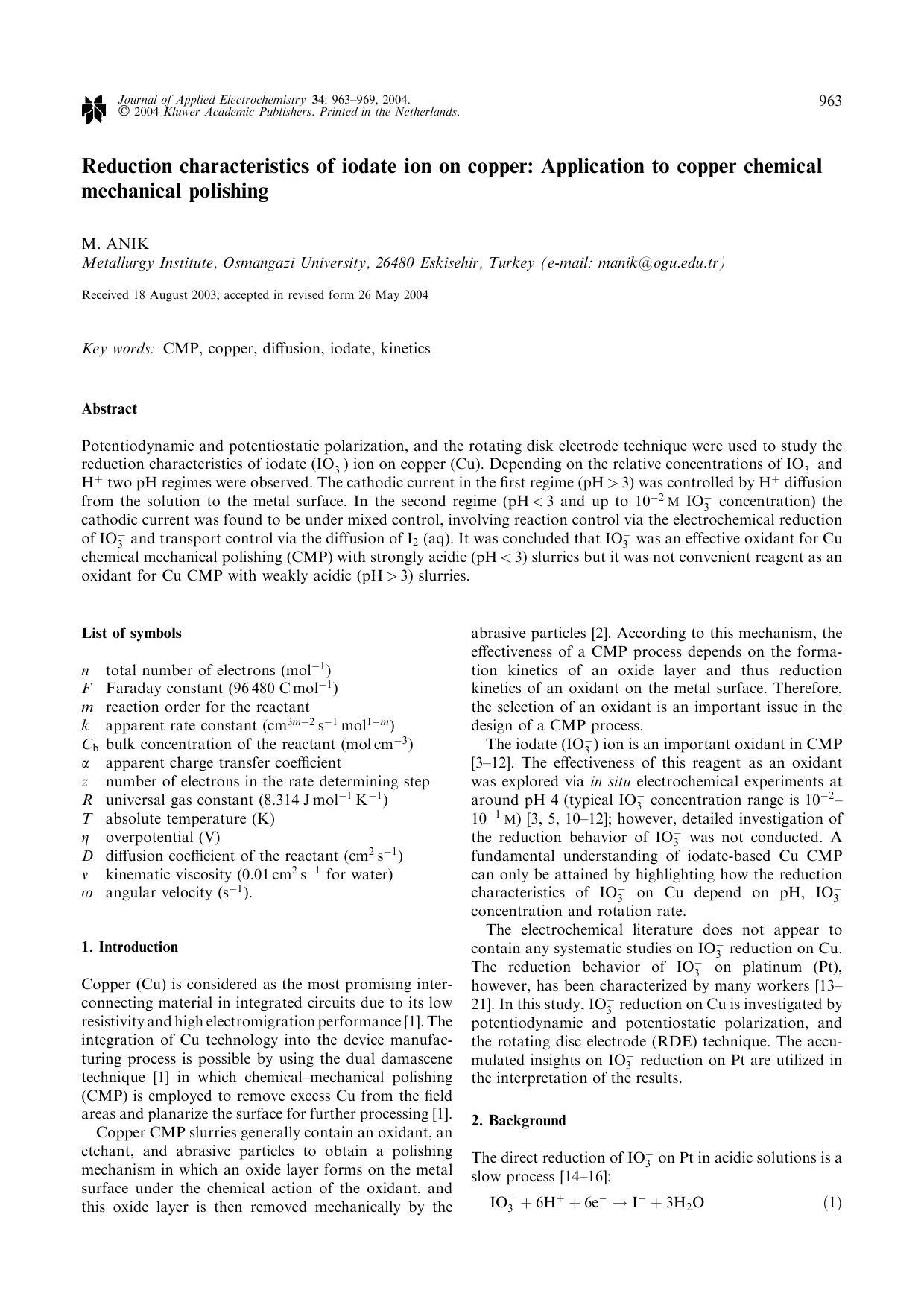 Reduction Characteristics of Iodate Ion on Copper: Application to Copper Chemical Mechanical Polishing by Unknown