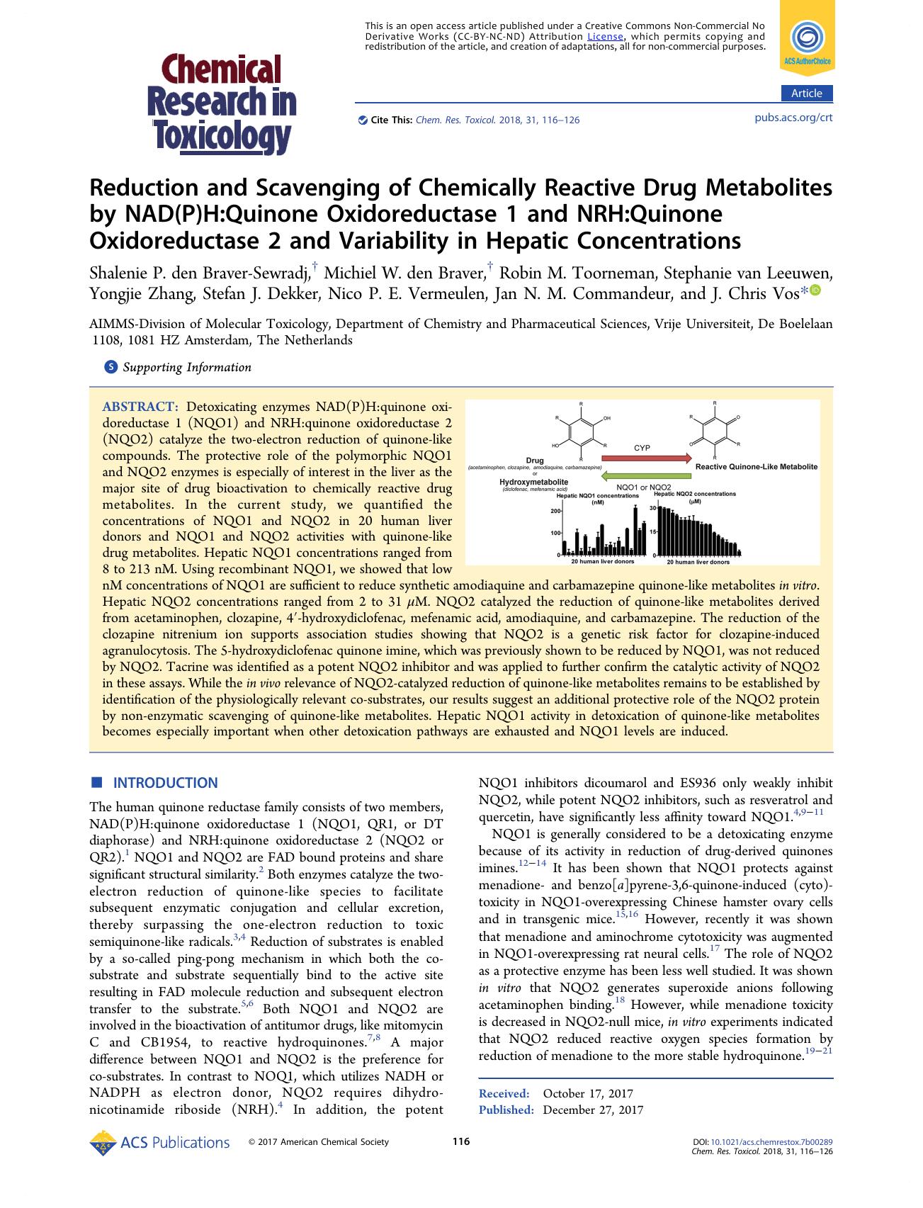 Reduction and Scavenging of Chemically Reactive Drug Metabolites by NAD(P)H:Quinone Oxidoreductase 1 and NRH:Quinone Oxidoreductase 2 and Variability in Hepatic Concentrations by unknow
