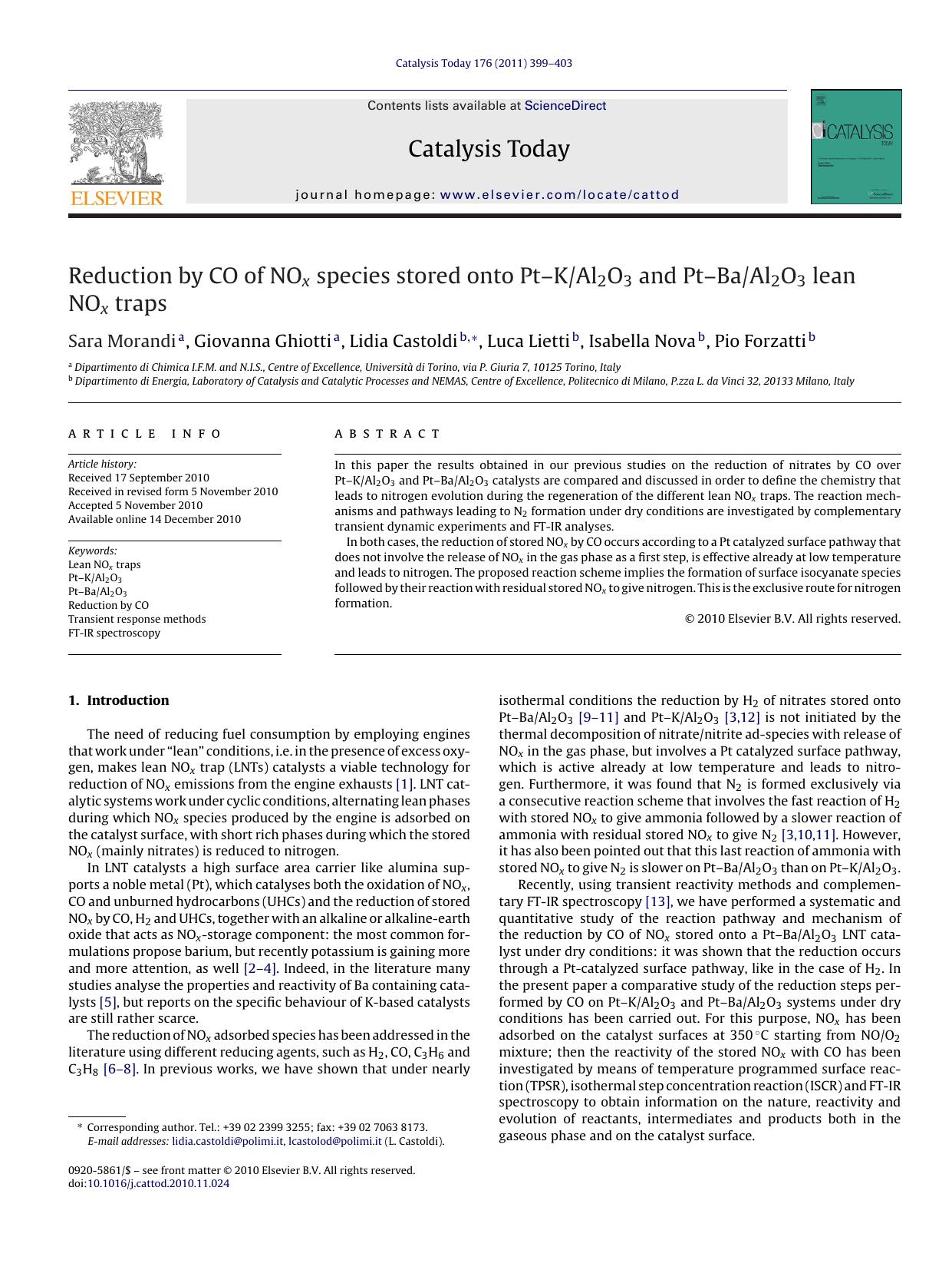 Reduction by CO of NOx species stored onto PtÃ¢â¬âKAl2O3 and PtÃ¢â¬âBaAl2O3 lean NOx traps by Sara Morandi