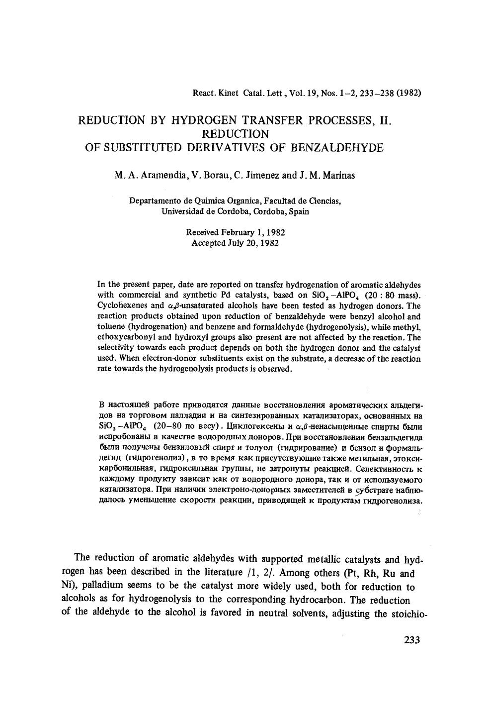 Reduction by hydrogen transfer processes, II. Reduction of substituted derivatives of benzaldehyde by Unknown