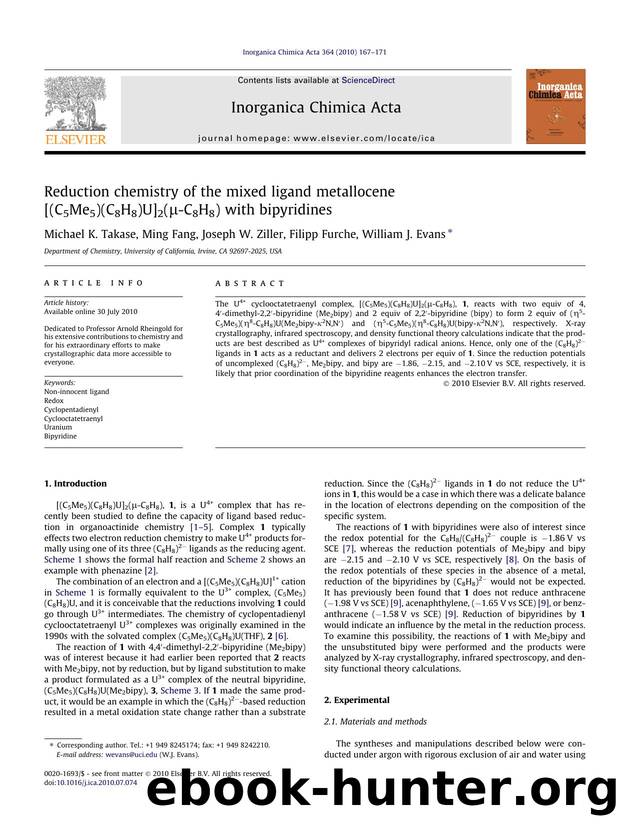 Reduction chemistry of the mixed ligand metallocene [(C5Me5)(C8H8)U]2(ÃÂ¼-C8H8) with bipyridines by Michael K. Takase & Ming Fang & Joseph W. Ziller & Filipp Furche & William J. Evans