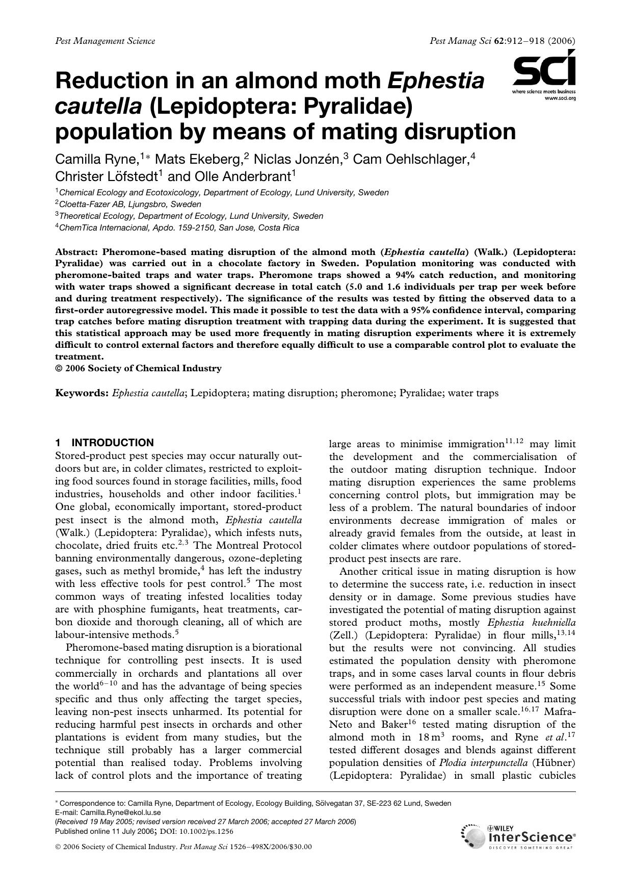Reduction in an almond moth Ephestia cautella (Lepidoptera: Pyralidae) population by means of mating disruption by Unknown