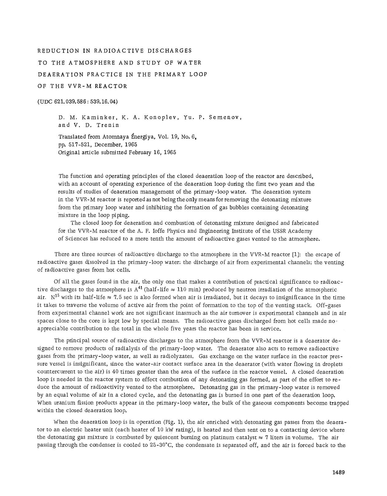 Reduction in radioactive discharges to the atmosphere and study of water deaeration practice in the primary loop of the VVR-M reactor by Unknown