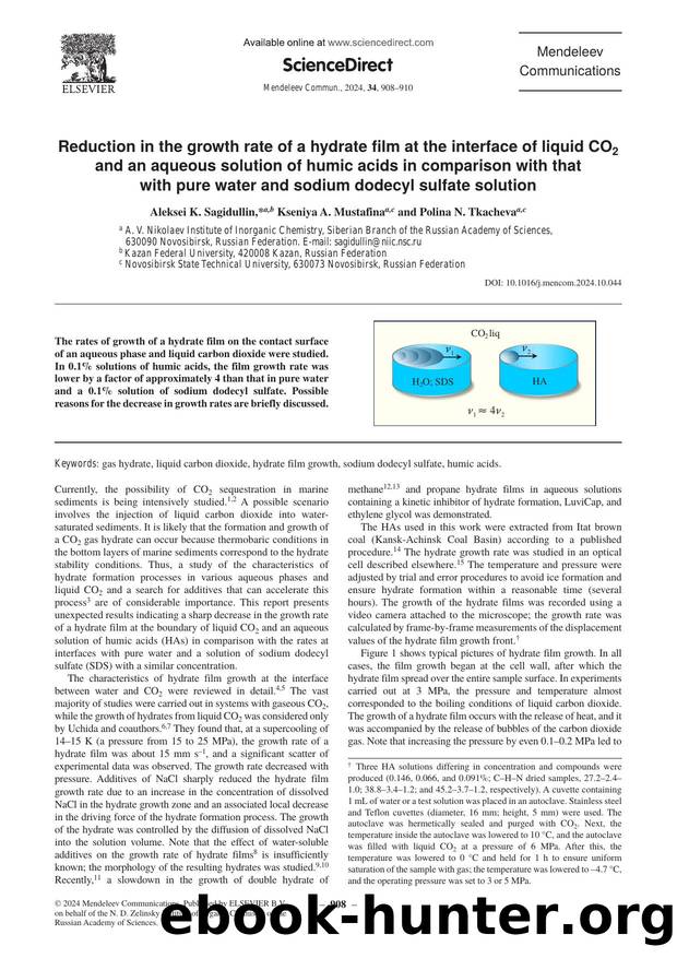 Reduction in the growth rate of a hydrate film at the interface of liquid CO2 and an aqueous solution of humic acids in comparison with that with pure water and sodium dodecyl sulfate solution by Aleksei K. Sagidullin & Kseniya A. Mustafina & Polina N. Tkacheva