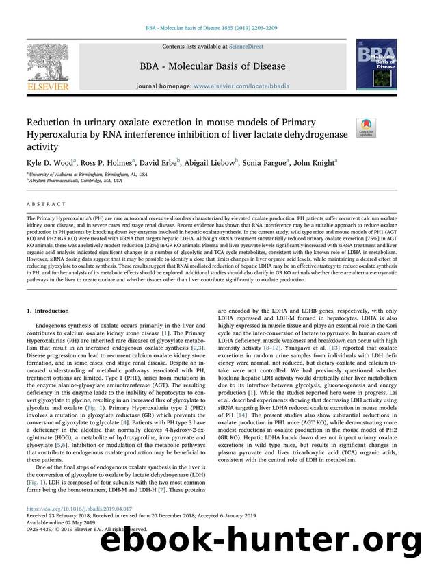 Reduction in urinary oxalate excretion in mouse models of Primary Hyperoxaluria by RNA interference inhibition of liver lactate dehydrogenase activity by Kyle D. Wood & Ross P. Holmes & David Erbe & Abigail Liebow & Sonia Fargue & John Knight