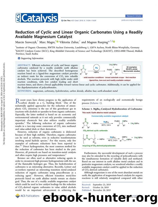 Reduction of Cyclic and Linear Organic Carbonates Using a Readily Available Magnesium Catalyst by Marcin Szewczyk Marc Magre Viktoriia Zubar & Magnus Rueping