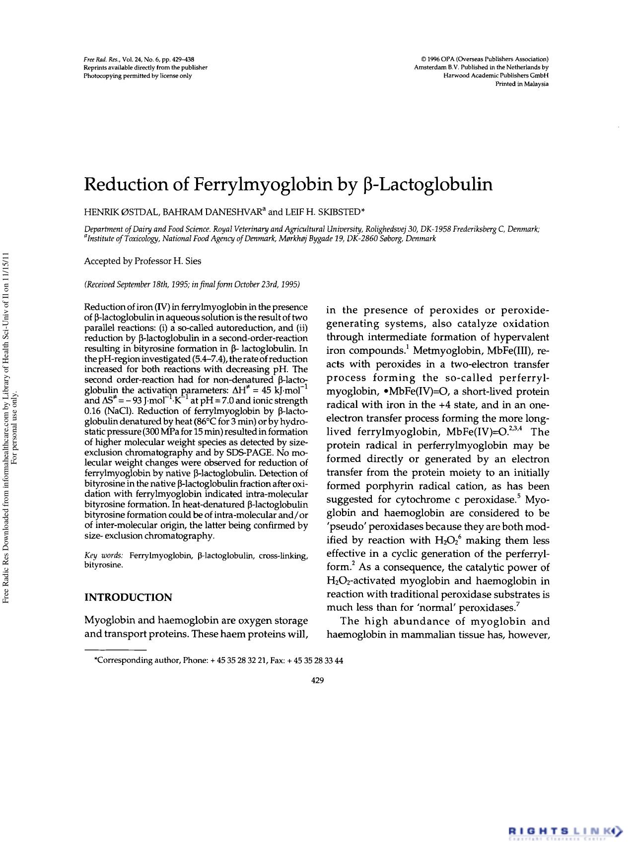 Reduction of Ferrylmyoglobin by Î²-Lactoglobulin by Henrik østdal1 Bahram Daneshvar2 & Leif H. Skibsted1†