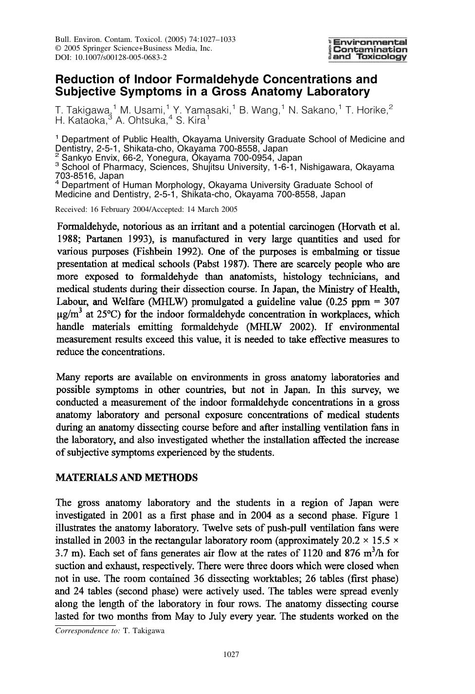 Reduction of Indoor Formaldehyde Concentrations and Subjective Symptoms in a Gross Anatomy Laboratory by Takigawa T.; et al