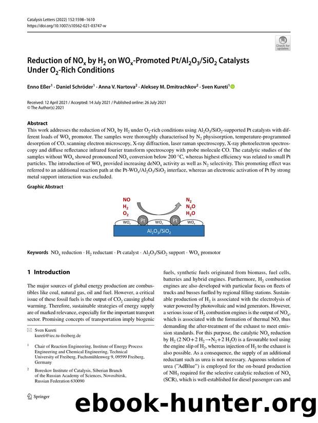 Reduction of NOx by H2 on WOx-Promoted PtAl2O3SiO2 Catalysts Under O2-Rich Conditions by Enno Eßer & Daniel Schröder & Anna V. Nartova & Aleksey M. Dmitrachkov & Sven Kureti