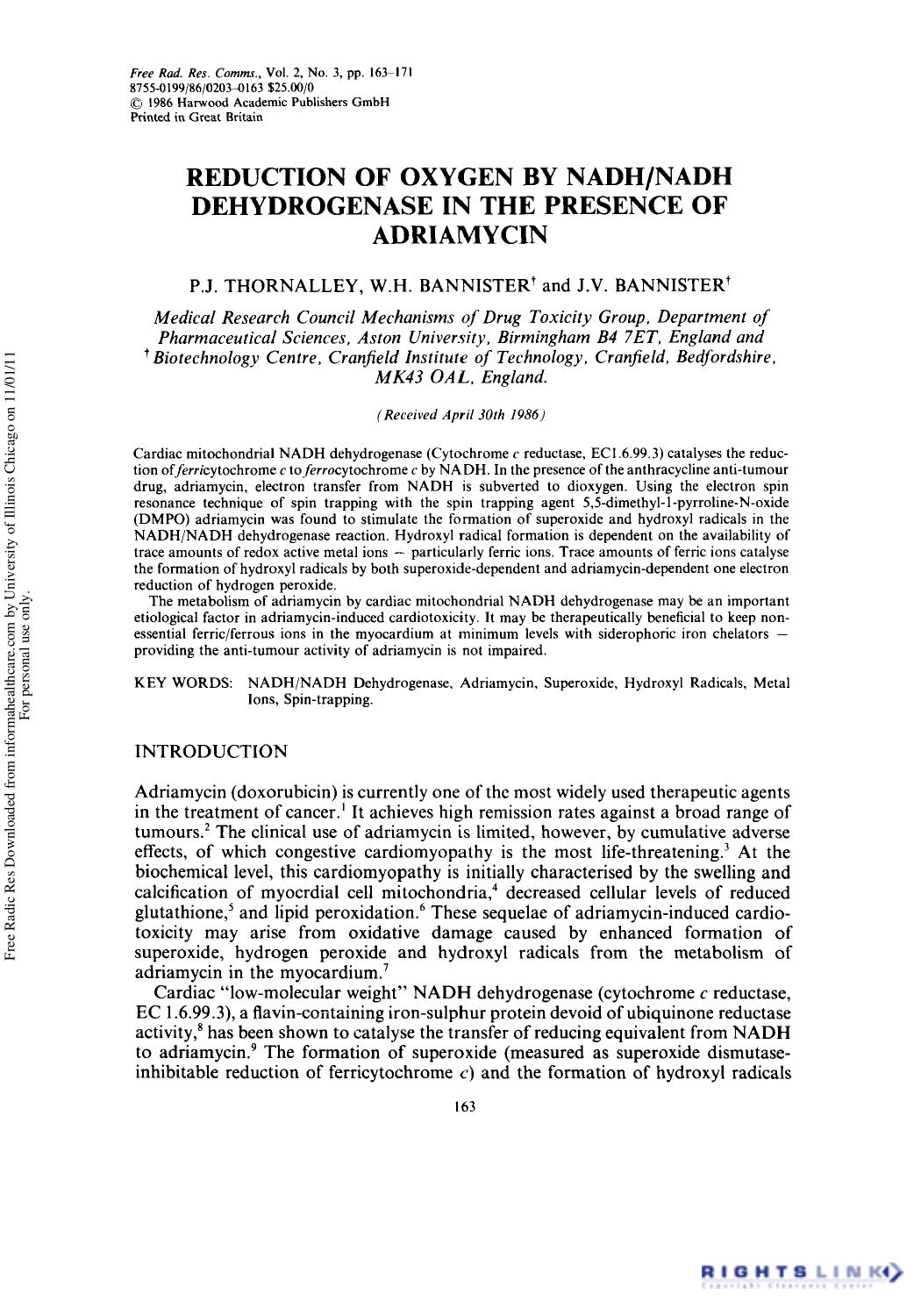 Reduction of Oxygen by NADHNADH Dehydrogenase in the Presence of adriamycin by P. J. Thornalley1 W.H. Bannister2 & J.V. Bannister1