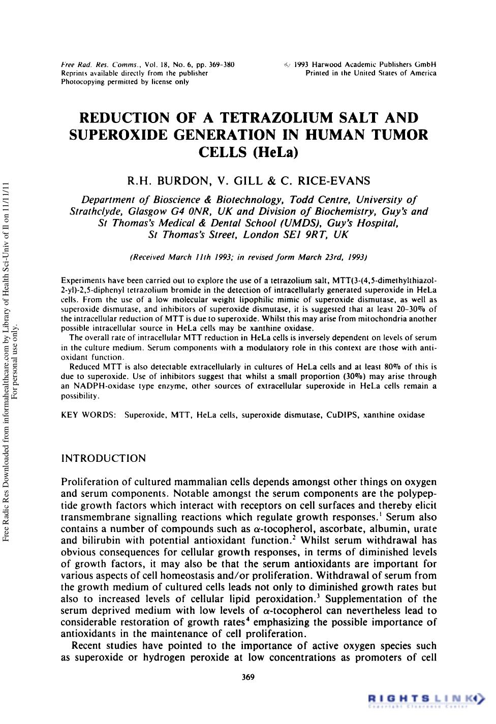 Reduction of a Tetrazolium Salt and Superoxide Generation in Human Tumor Cells (HeLa) by R. H. Burdon1 2 V. Gill1 2 & C. Rice-evans1 2