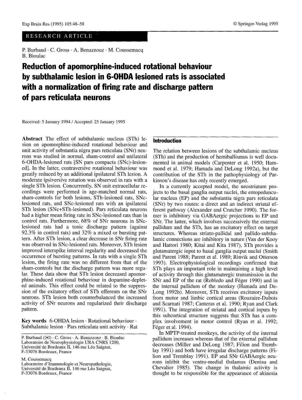 Reduction of apomorphine-induced rotational behaviour by subthalamic lesion in 6-OHDA lesioned rats is associated with a normalization of firing rate and discharge pattern of pars reticulata neurons by Unknown