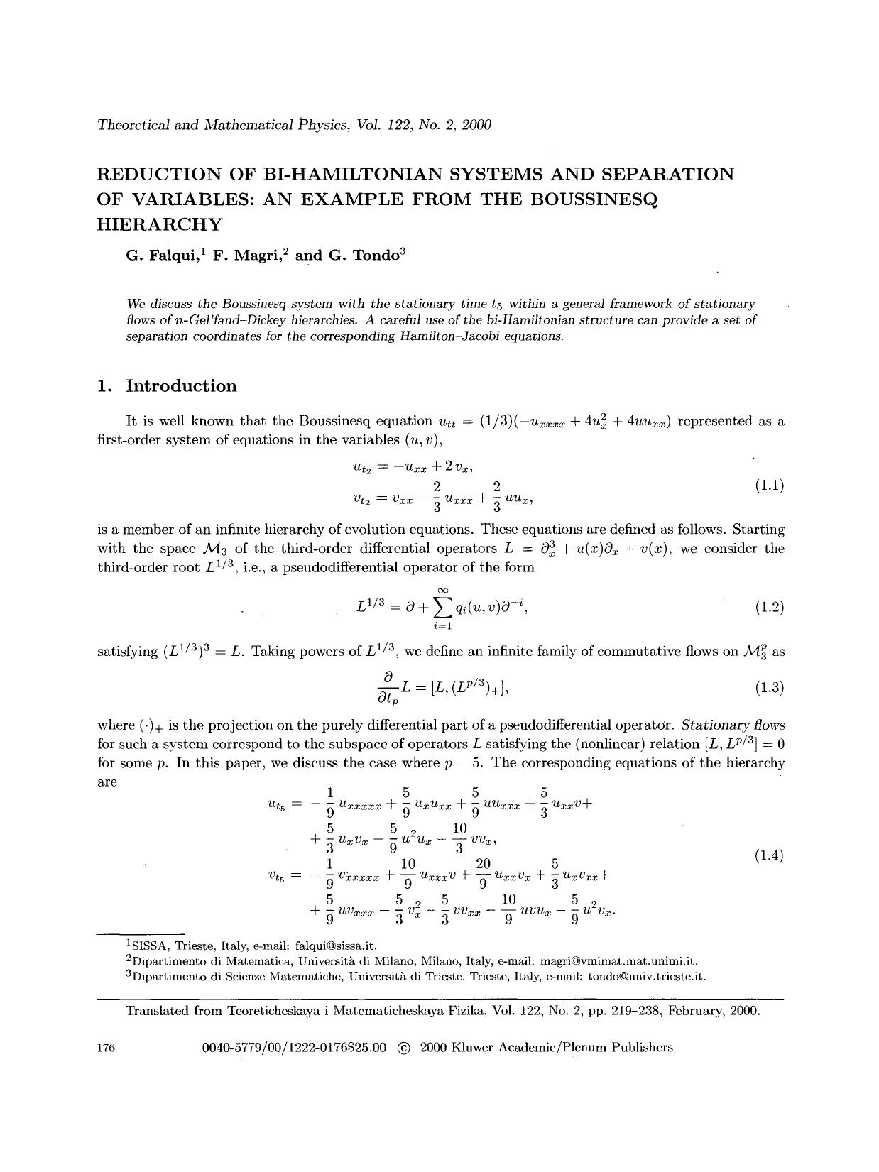 Reduction of bi-Hamiltonian systems and separation of variables: An example from the Boussinesq hierarchy by Unknown
