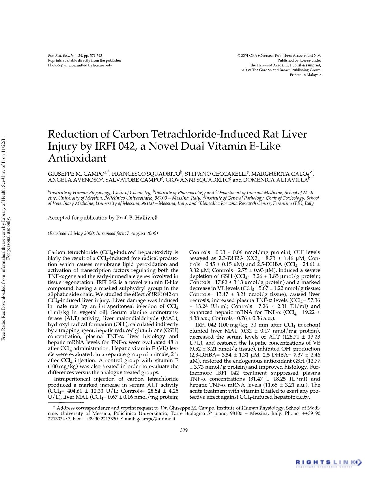 Reduction of carbon tetrachloride-induced rat liver injury by IRFI 042, a novel dual vitamin E-like antioxidant by unknow