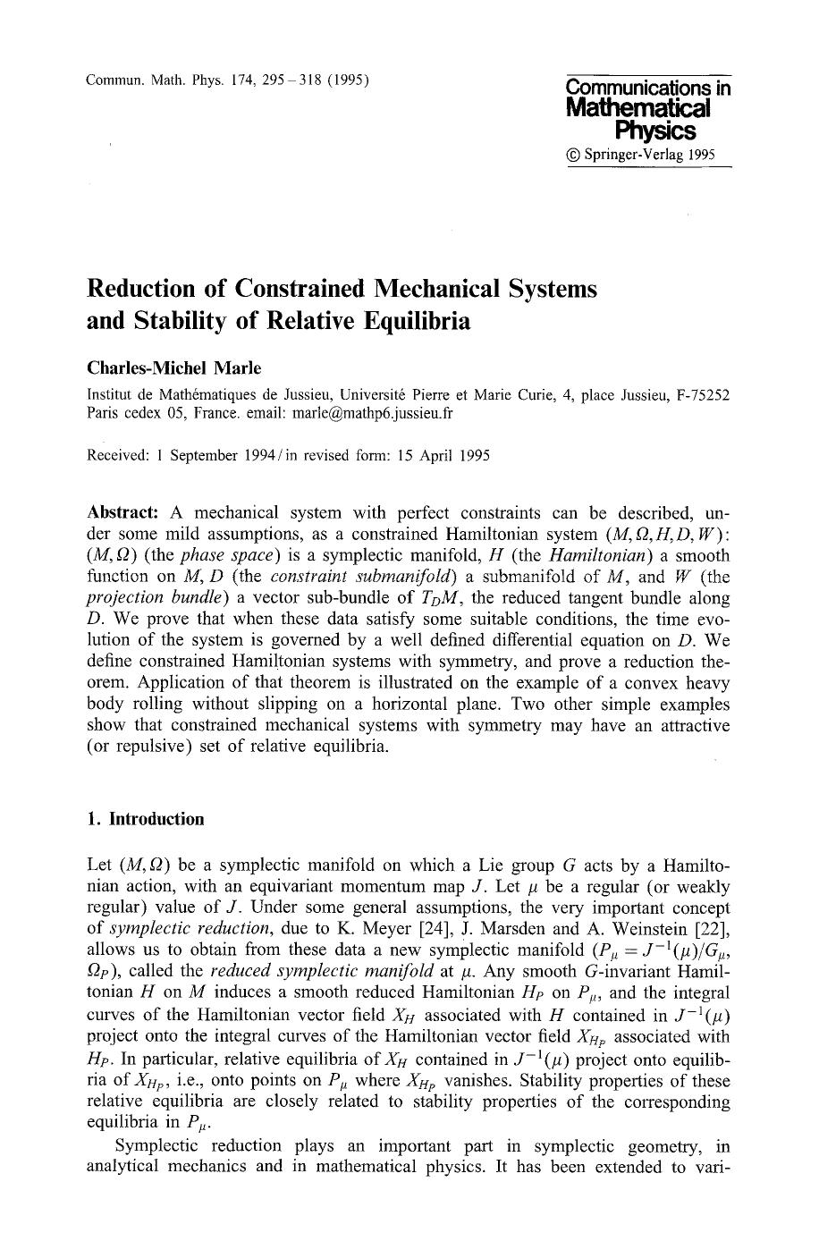Reduction of constrained mechanical systems and stability of relative equilibria by Unknown