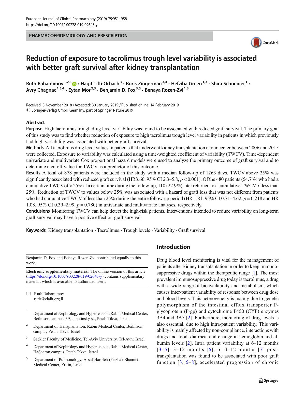 Reduction of exposure to tacrolimus trough level variability is associated with better graft survival after kidney transplantation by unknow