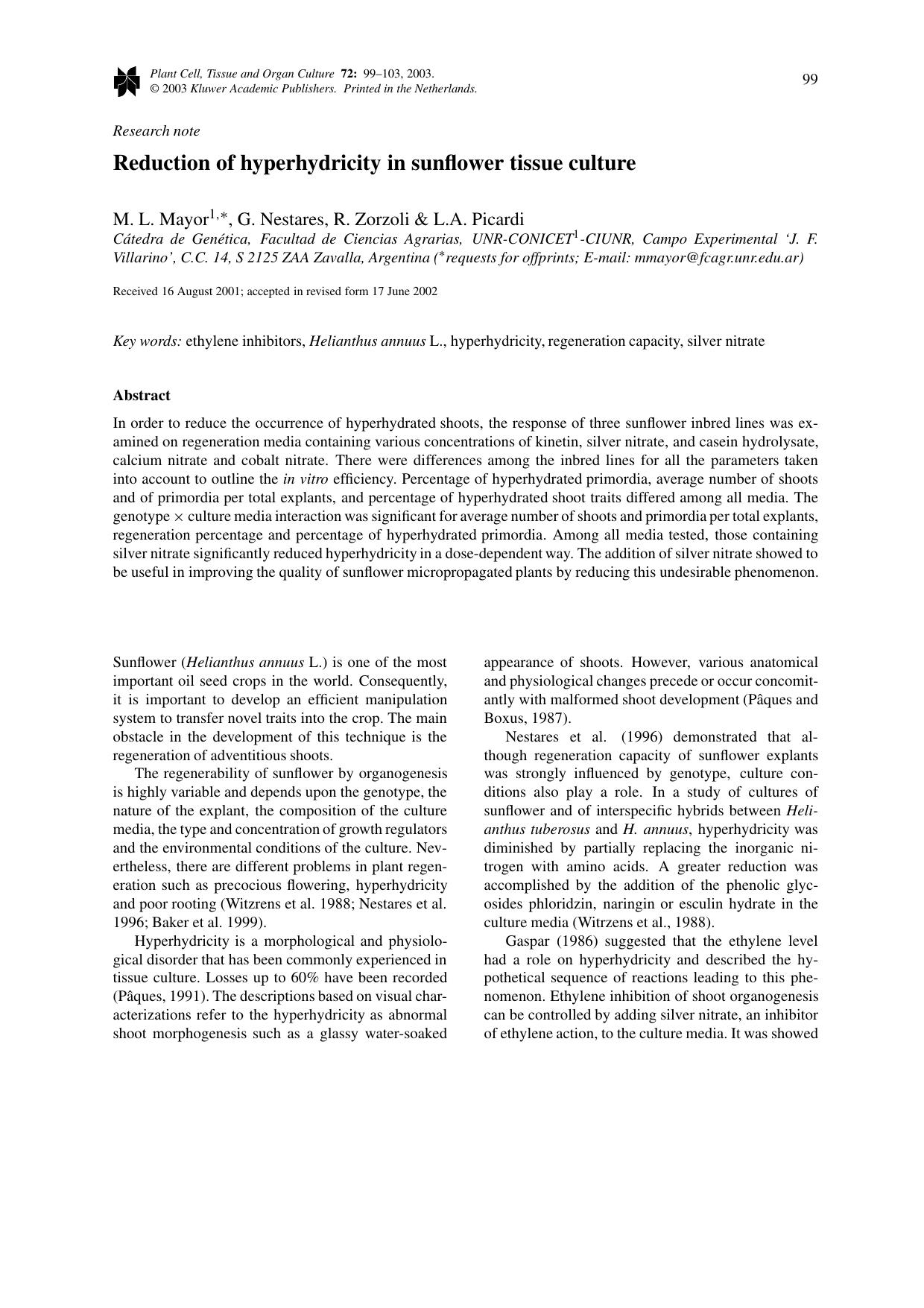 Reduction of hyperhydricity in sunflower tissue culture by Unknown