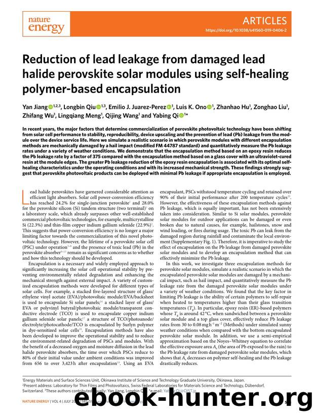 Reduction of lead leakage from damaged lead halide perovskite solar modules using self-healing polymer-based encapsulation by unknow