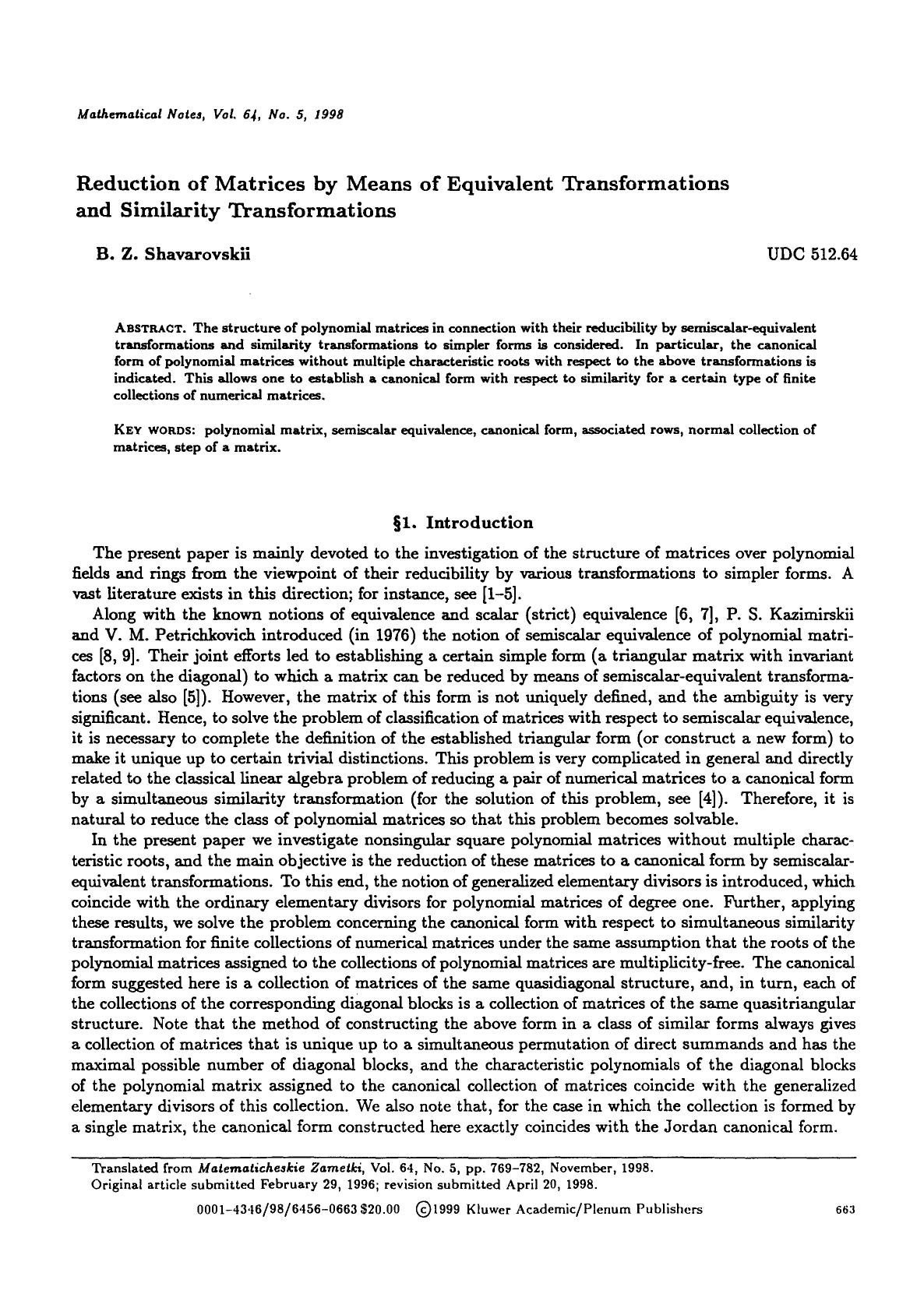 Reduction of matrices by means of equivalent transformations and similarity transformations by Unknown