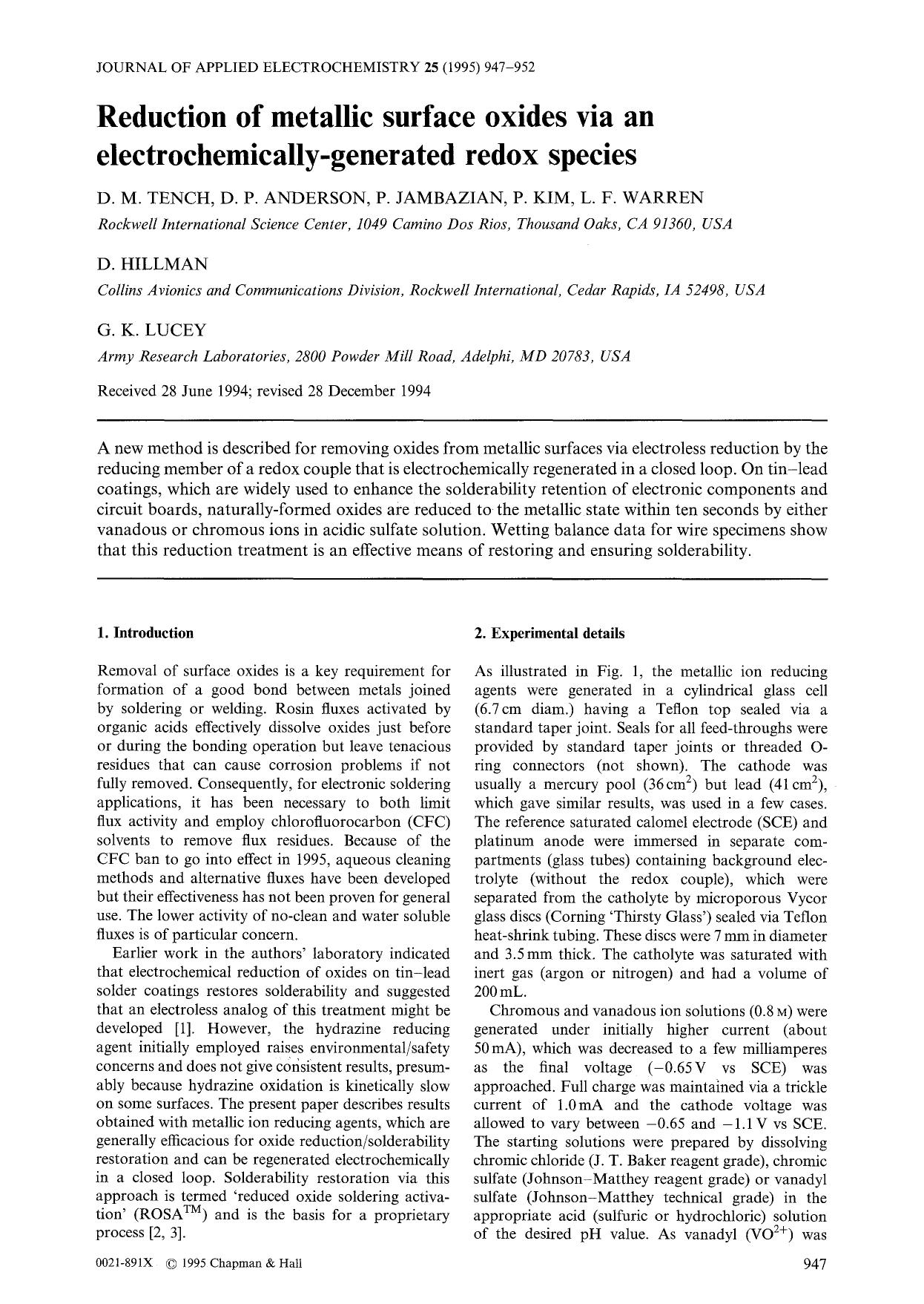 Reduction of metallic surface oxides via an electrochemically-generated redox species by Unknown