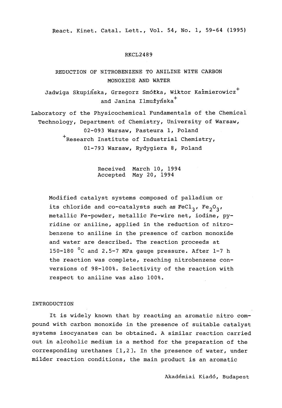 Reduction of nitrobenzene to aniline with carbon monoxide and water by Unknown