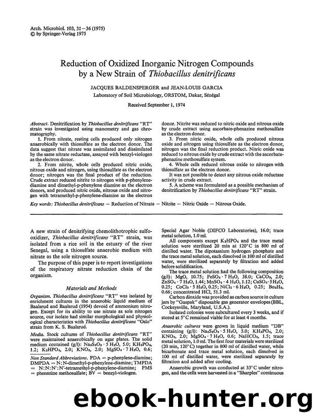 Reduction of oxidized inorganic nitrogen compounds by a new strain of <Emphasis Type="Italic">Thiobacillus denitrificans<Emphasis> by Unknown