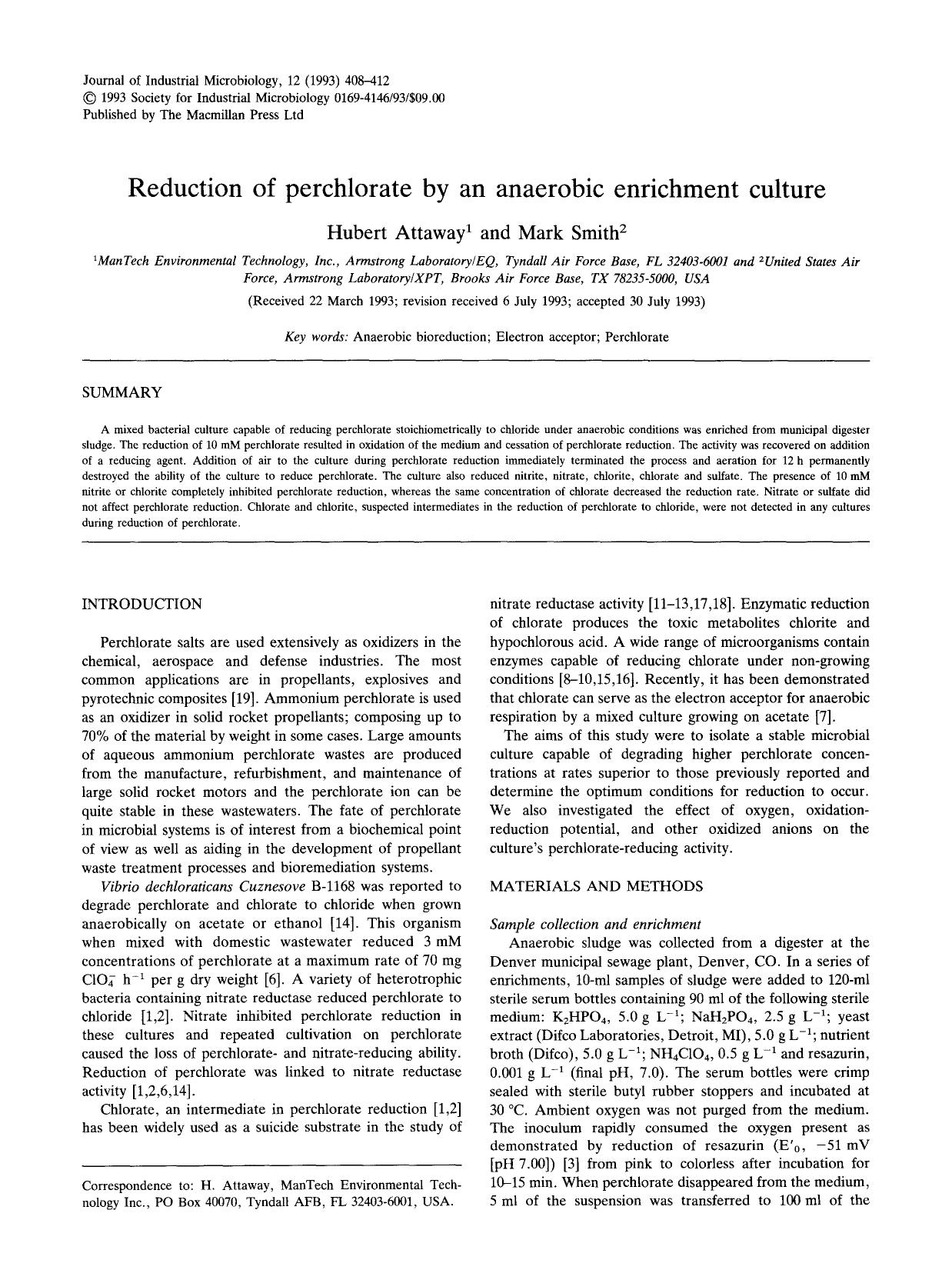 Reduction of perchlorate by an anaerobic enrichment culture by Unknown