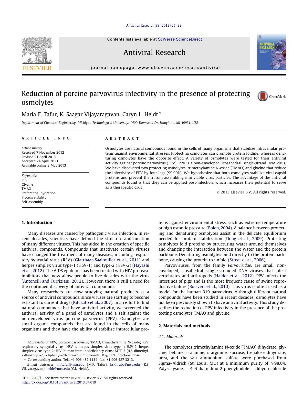 Reduction of porcine parvovirus infectivity in the presence of protecting osmolytes by Maria F. Tafur & K. Saagar Vijayaragavan & Caryn L. Heldt