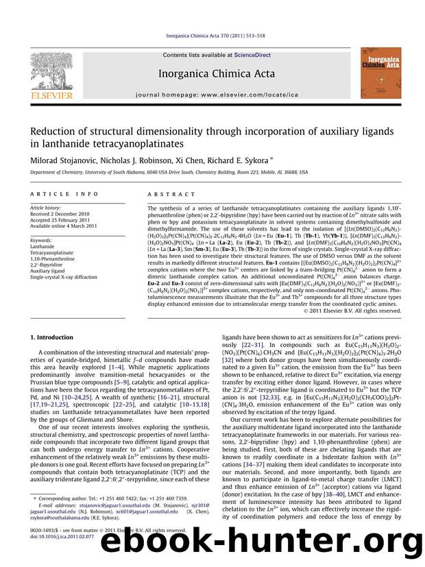 Reduction of structural dimensionality through incorporation of auxiliary ligands in lanthanide tetracyanoplatinates by Milorad Stojanovic & Nicholas J. Robinson & Xi Chen & Richard E. Sykora