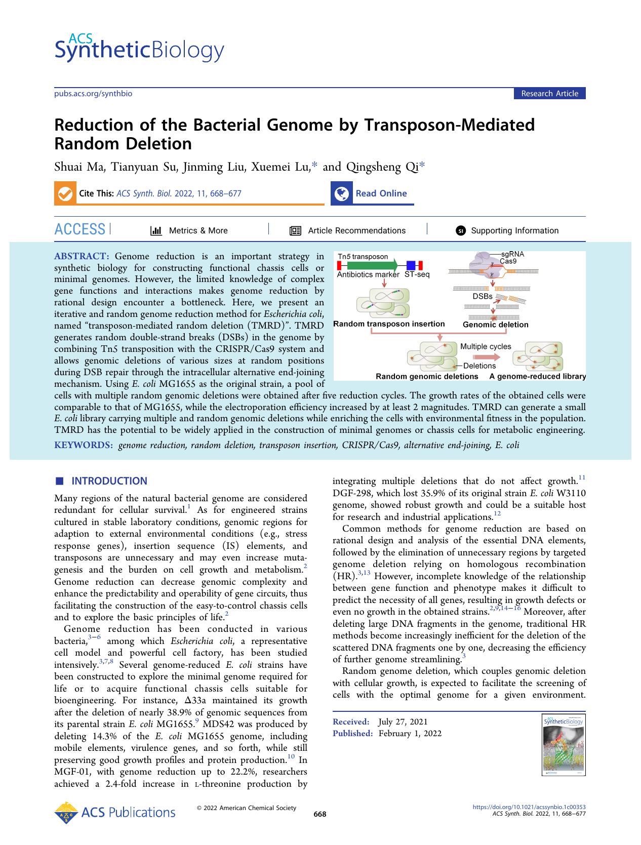 Reduction of the Bacterial Genome by Transposon-Mediated Random Deletion by Shuai Ma Tianyuan Su Jinming Liu Xuemei Lu and Qingsheng Qi