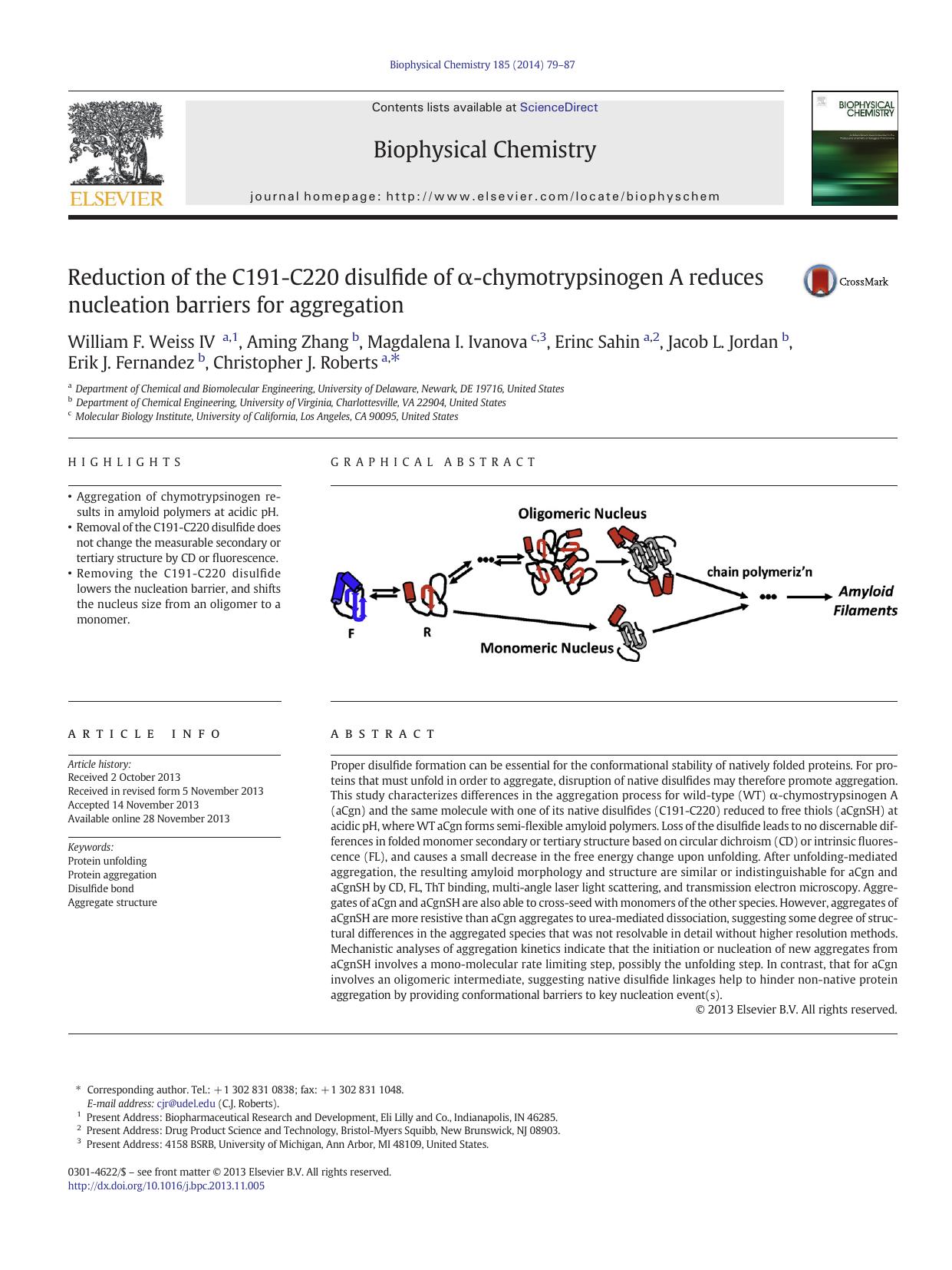 Reduction of the C191-C220 disulfide of Î±-chymotrypsinogen A reduces nucleation barriers for aggregation by unknow