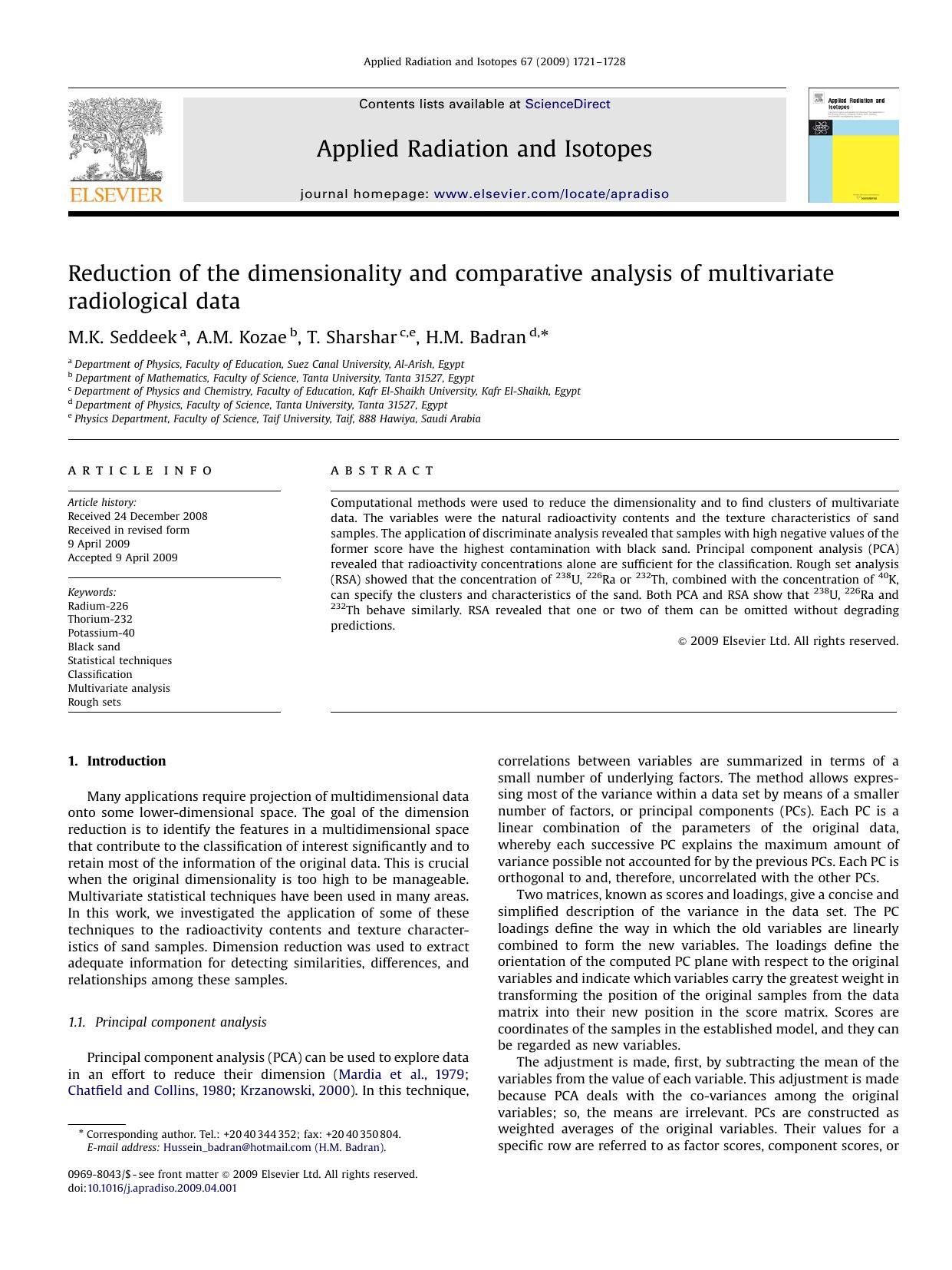 Reduction of the dimensionality and comparative analysis of multivariate radiological data by M.K. Seddeek; A.M. Kozae; T. Sharshar; H.M. Badran