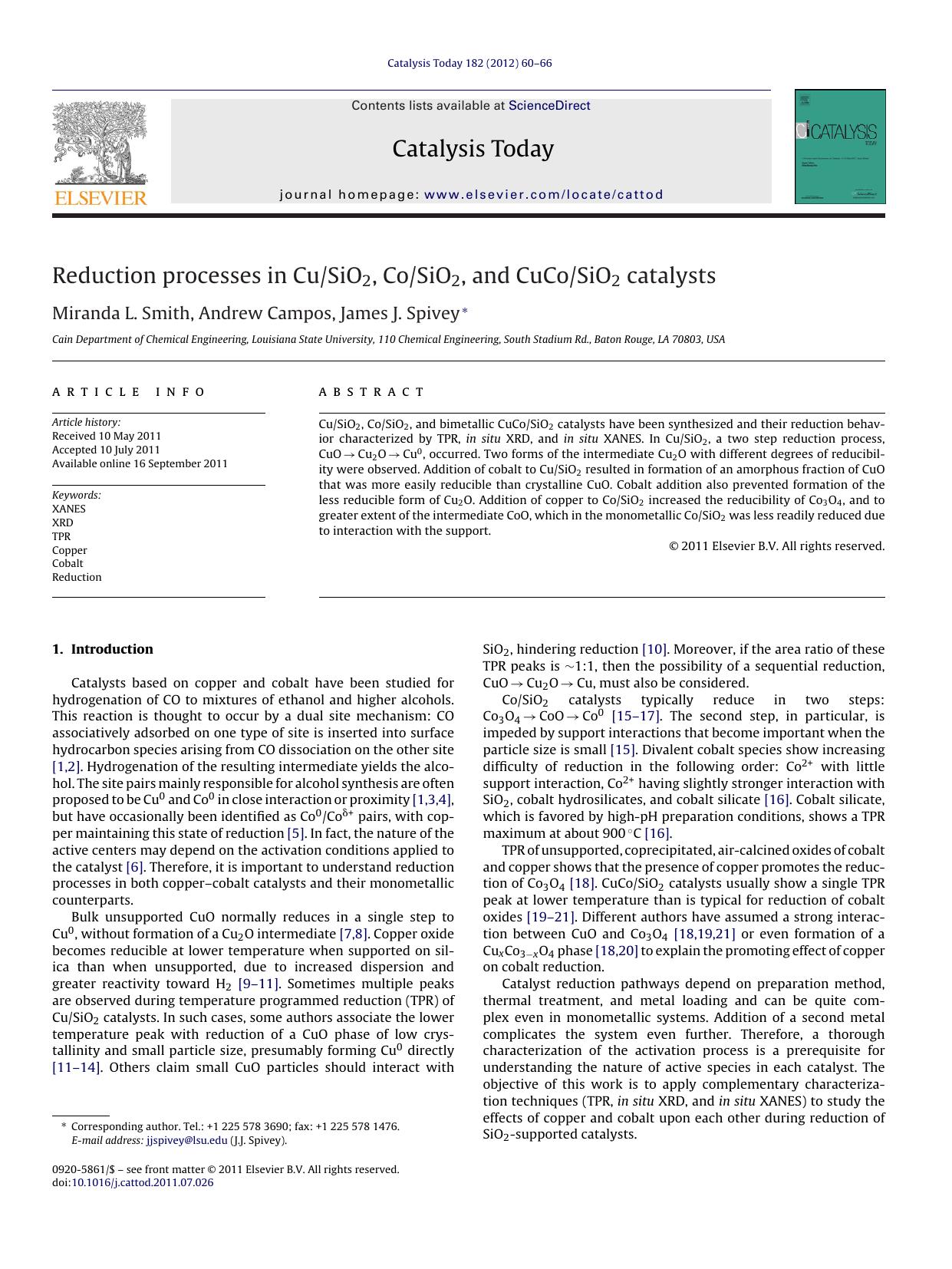 Reduction processes in CuSiO2, CoSiO2, and CuCoSiO2 catalysts by Miranda L. Smith