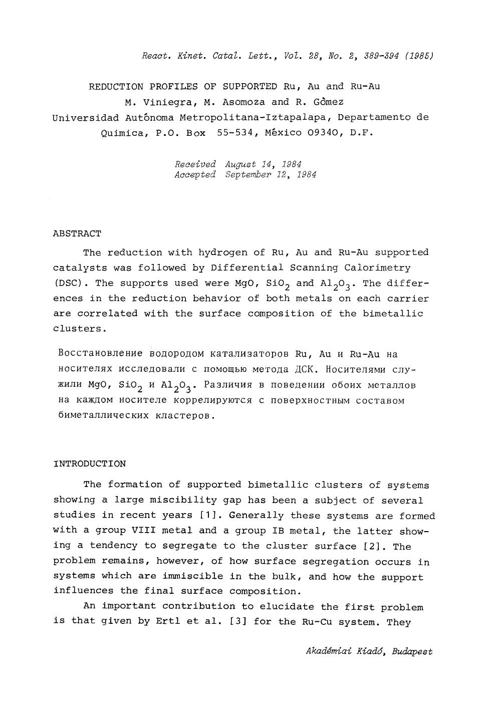 Reduction profiles of supported Ru, Au and Ru&#x2212;Au by Unknown