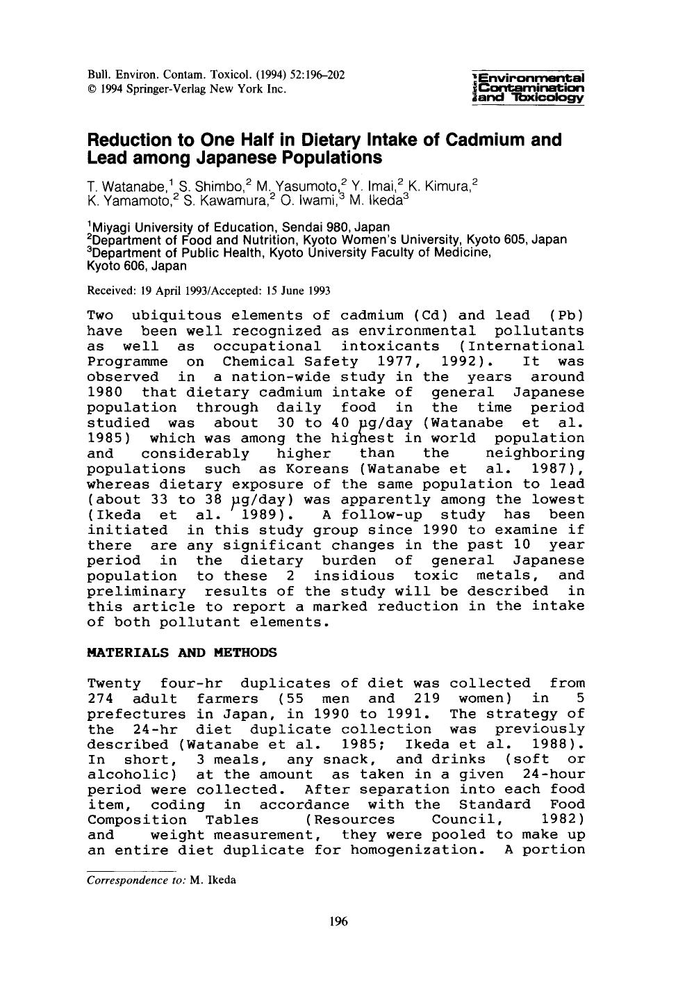 Reduction to one half in dietary intake of cadmium and lead among Japanese populations by Unknown
