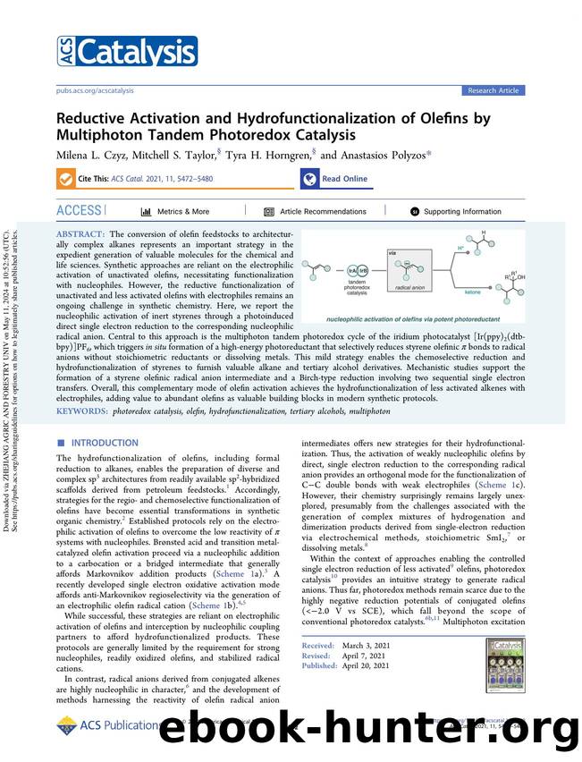 Reductive Activation and Hydrofunctionalization of Olefins by Multiphoton Tandem Photoredox Catalysis by Milena L. Czyz Mitchell S. Taylor Tyra H. Horngren & Anastasios Polyzos