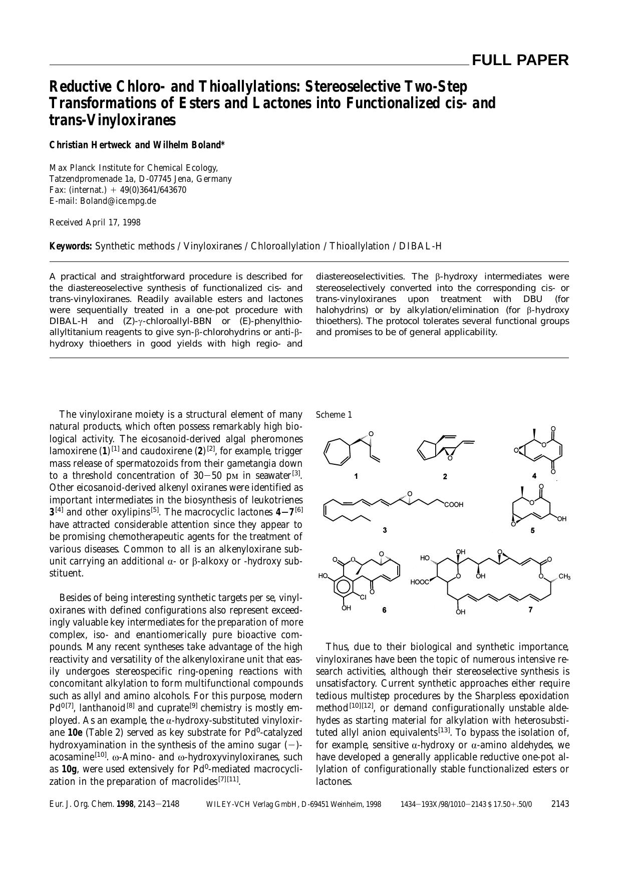 Reductive Chloro- and Thioallylations: Stereoselective Two-Step Transformations of Esters and Lactones into Functionalized cis- and trans-Vinyloxiranes by Unknown
