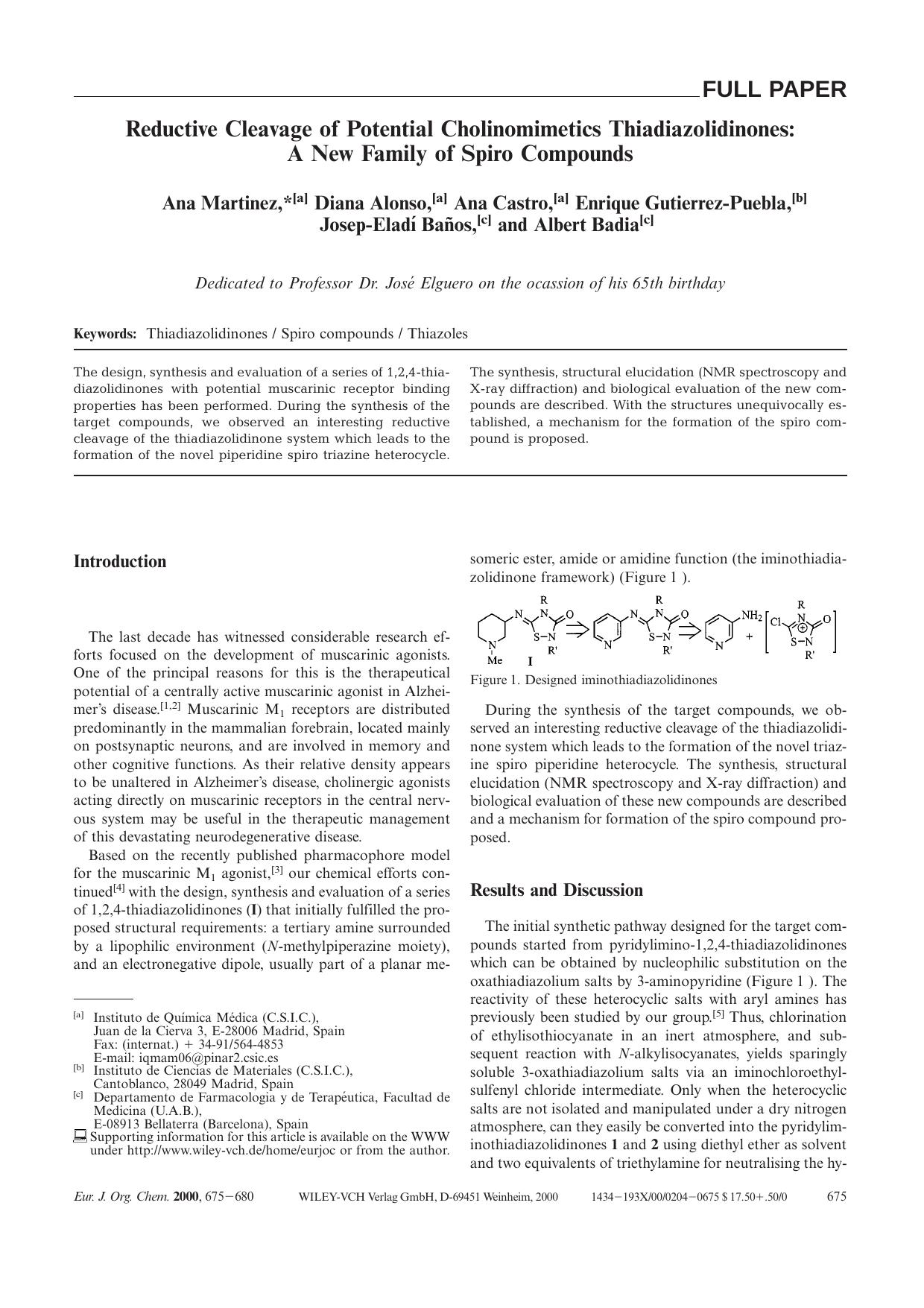 Reductive Cleavage of Potential Cholinomimetics Thiadiazolidinones: A New Family of Spiro Compounds by Unknown