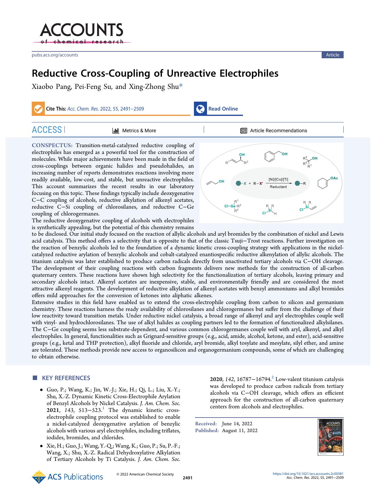 Reductive Cross-Coupling of Unreactive Electrophiles by Xiaobo Pang Pei-Feng Su and Xing-Zhong Shu